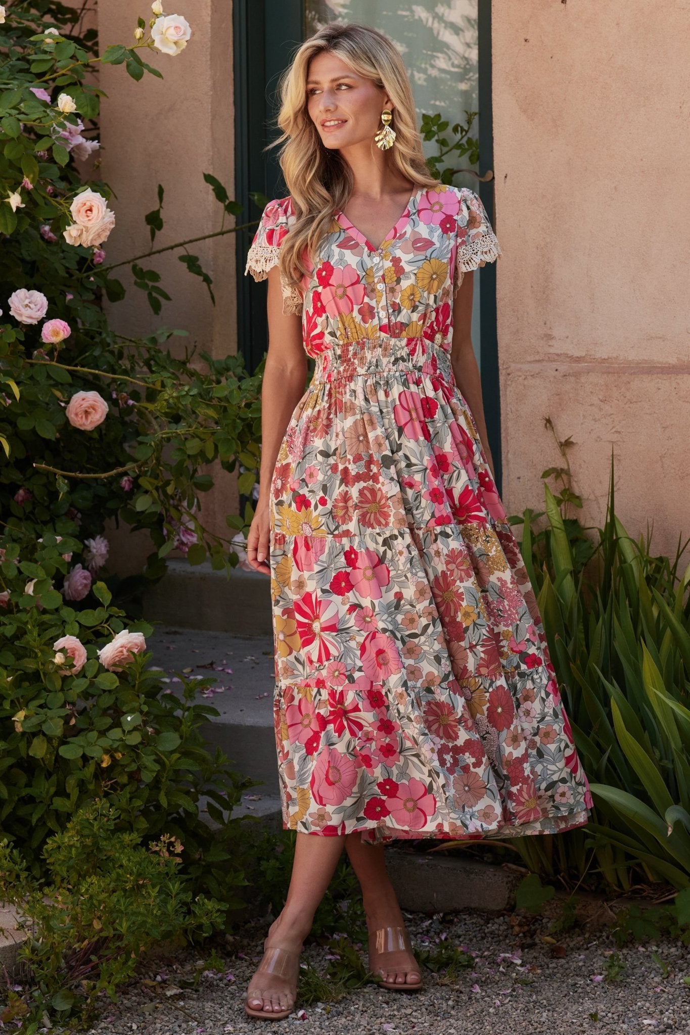 Baltic Born Aliyah Floral Midi Dress with Lace Detailing and Pockets
