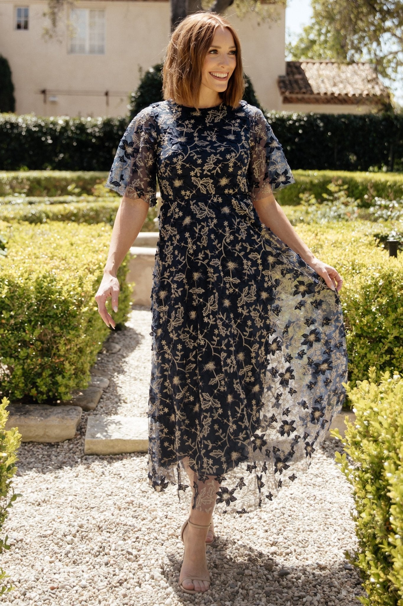 Arabella Navy Gold Embroidered Tulle Maxi Dress