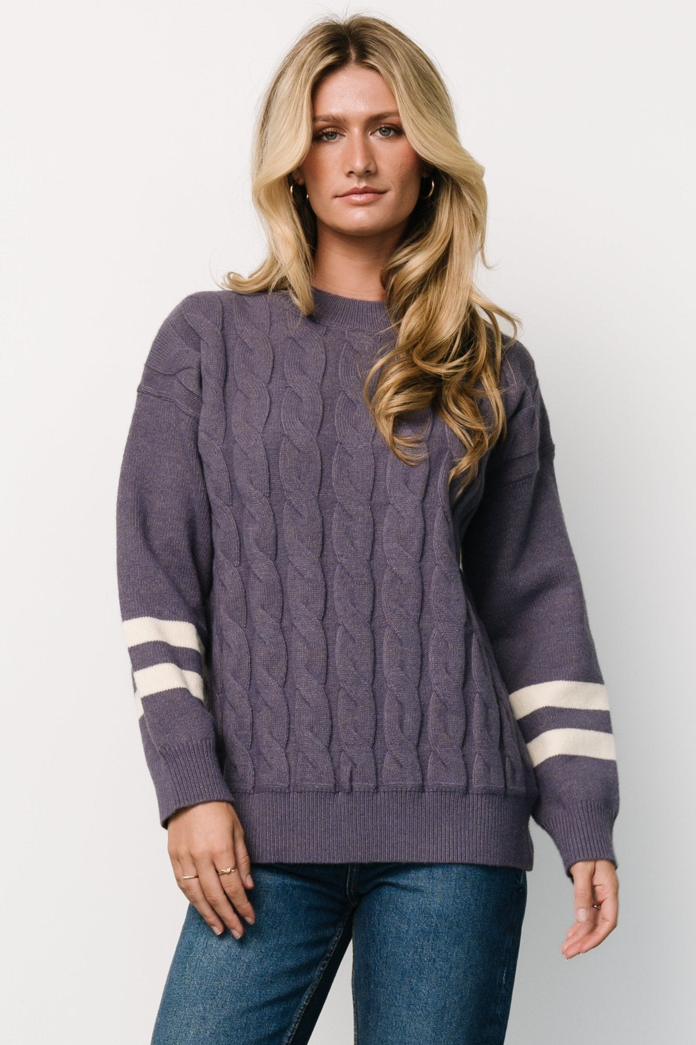 Vintage Purple Cable Knit Sweater – Dropped Shoulder & Ribbed Cuffs