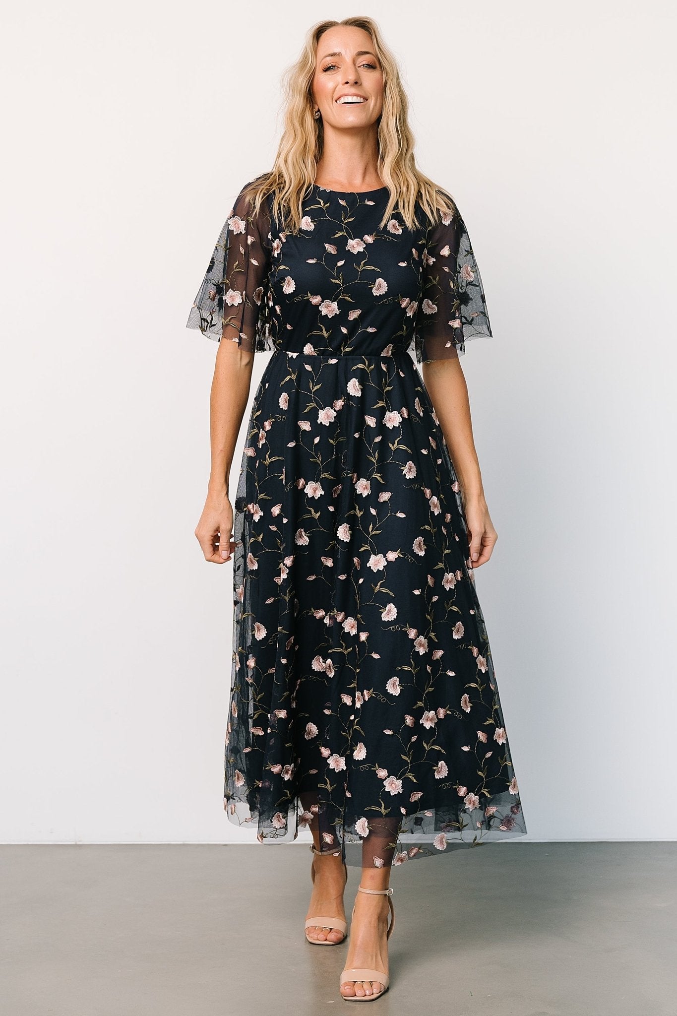 Arabella Embroidered Floral Tulle Maxi Dress in Pink & Navy