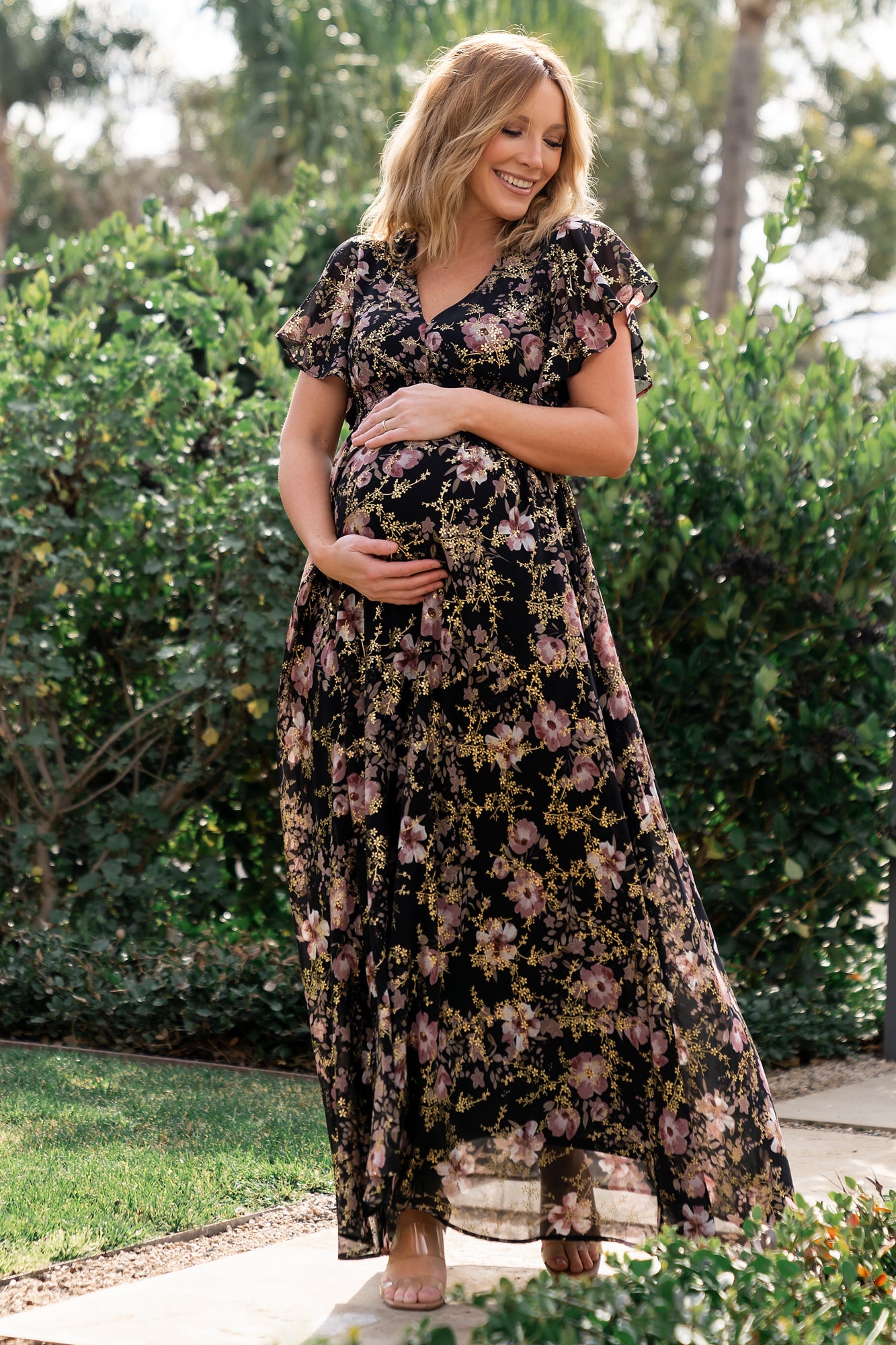 Lynlee Black Mauve Metallic Maxi Dress with Smocked Waist