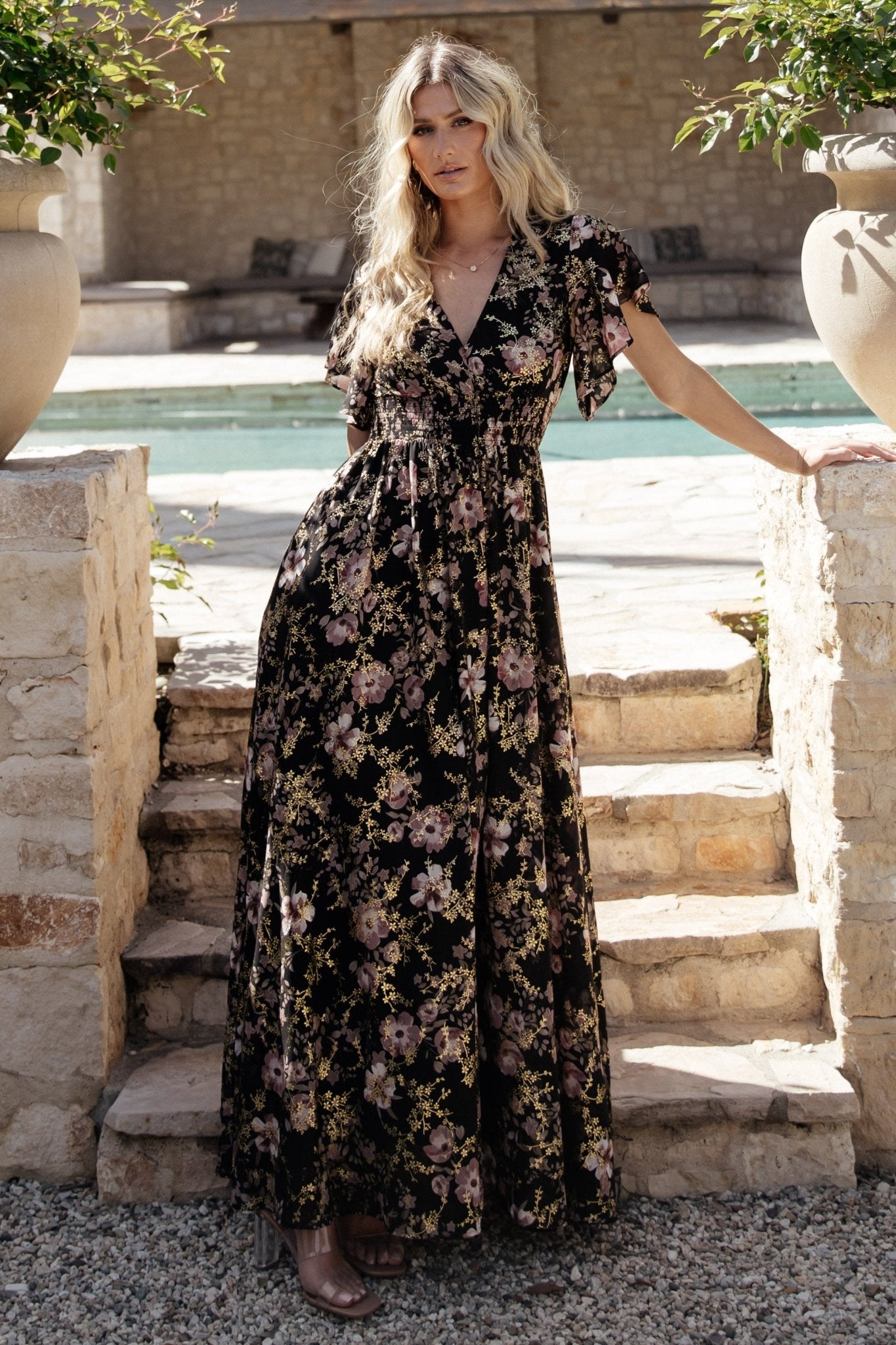 Lynlee Black Mauve Metallic Maxi Dress with Smocked Waist