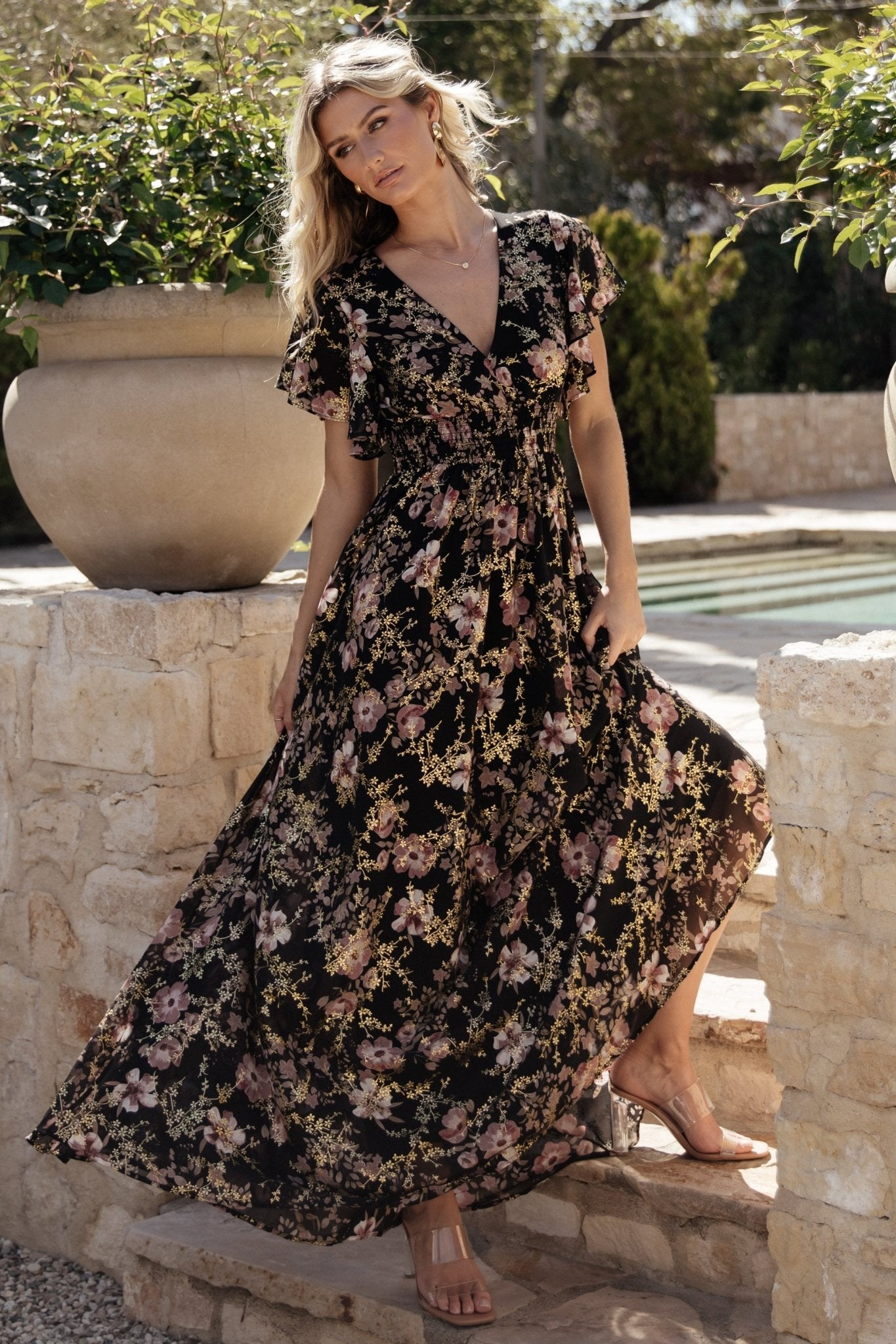 Lynlee Black Mauve Metallic Maxi Dress with Smocked Waist