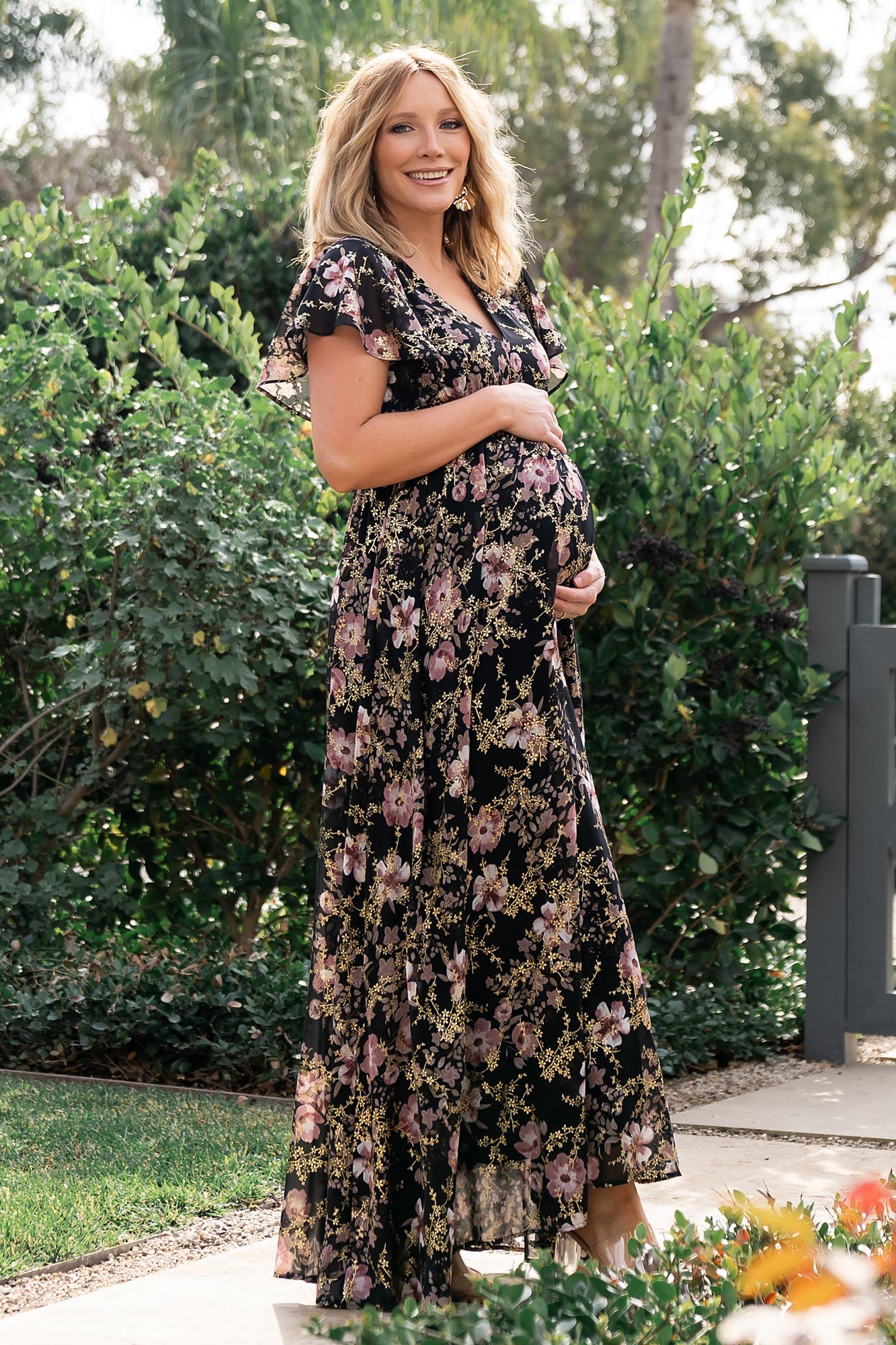 Lynlee Black Mauve Metallic Maxi Dress with Smocked Waist