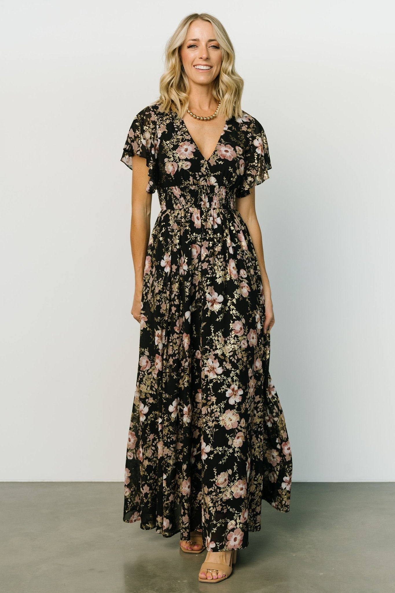 Lynlee Black Mauve Metallic Maxi Dress with Smocked Waist