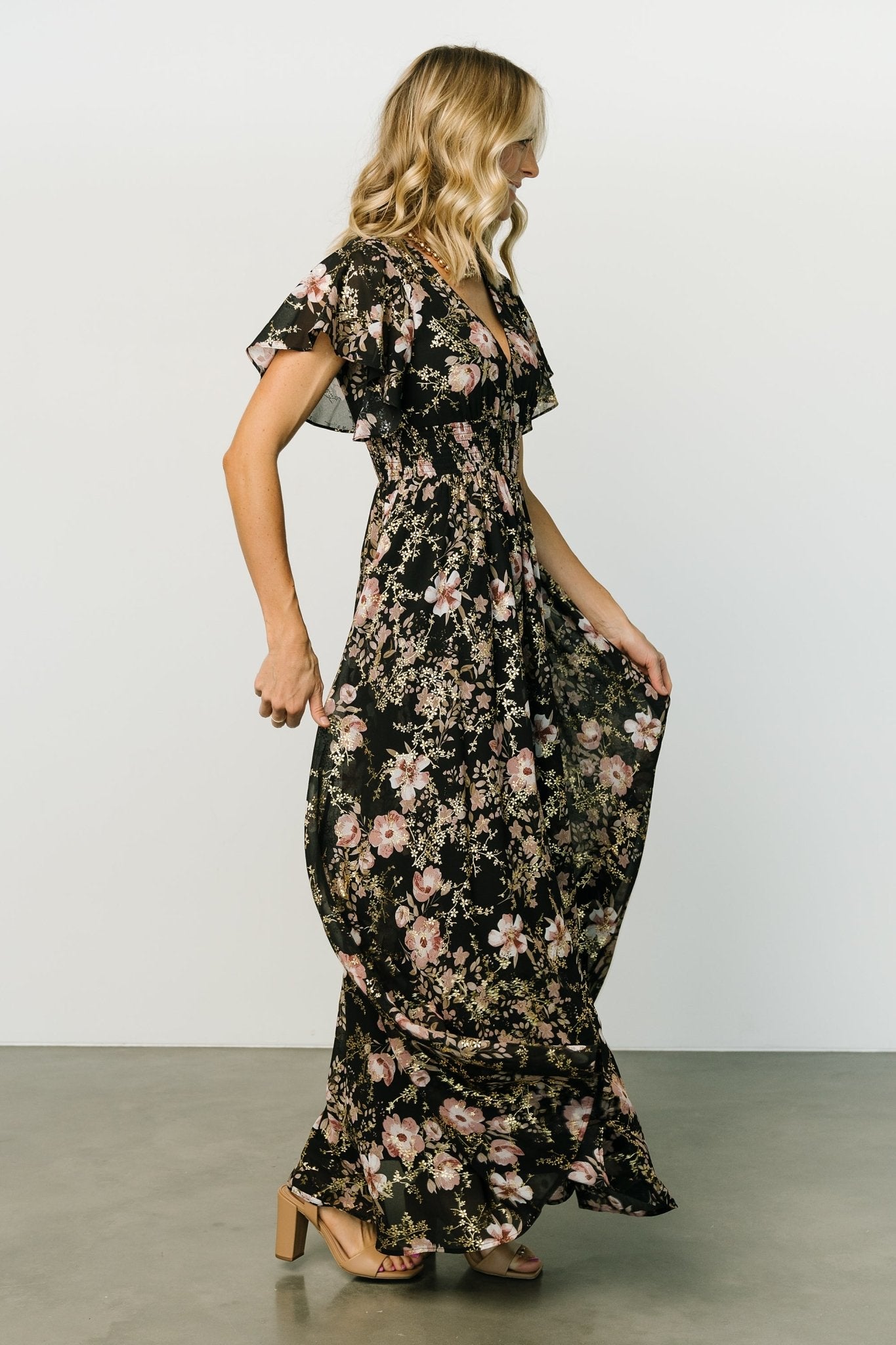 Lynlee Black Mauve Metallic Maxi Dress with Smocked Waist