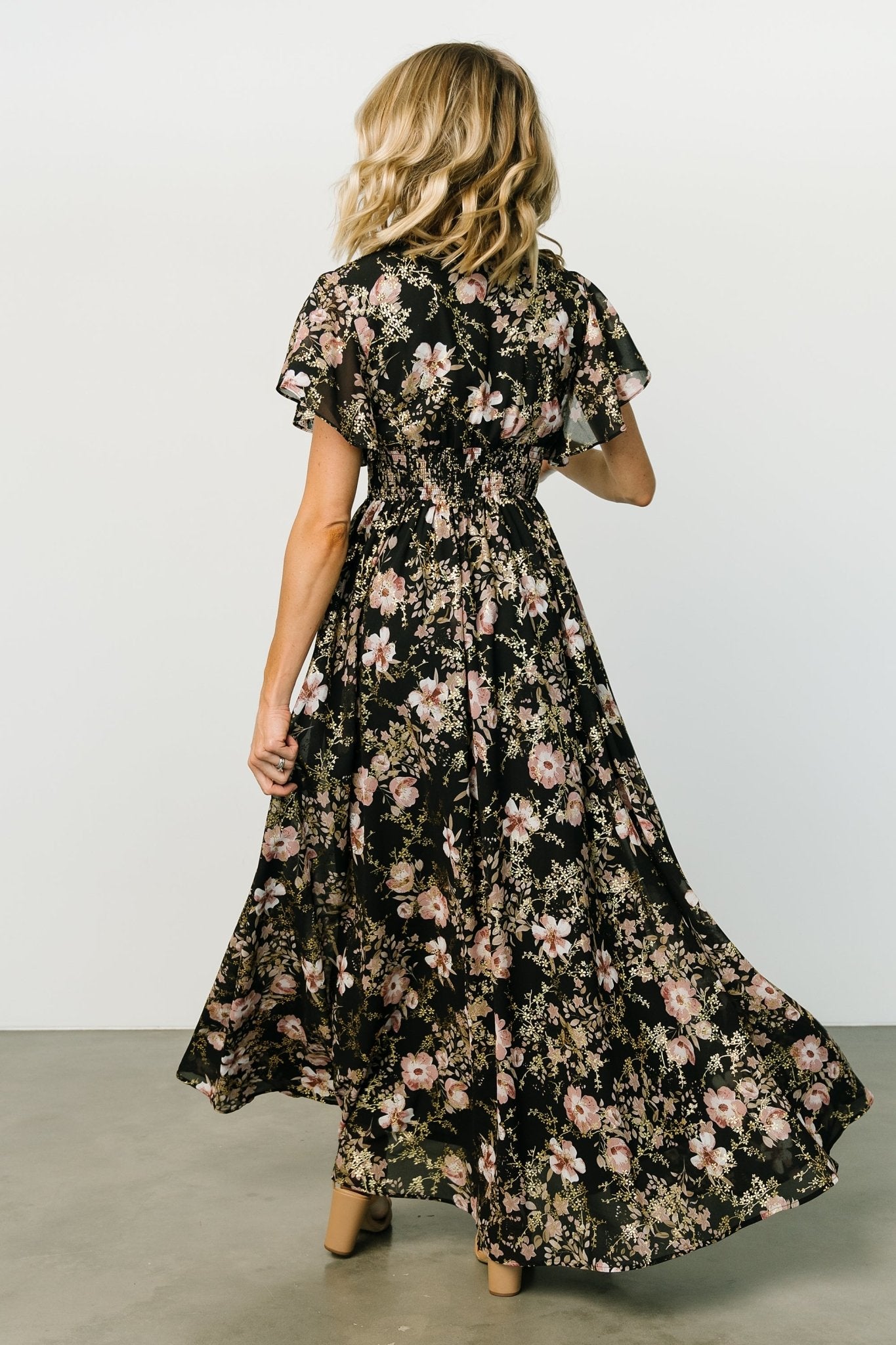 Lynlee Black Mauve Metallic Maxi Dress with Smocked Waist