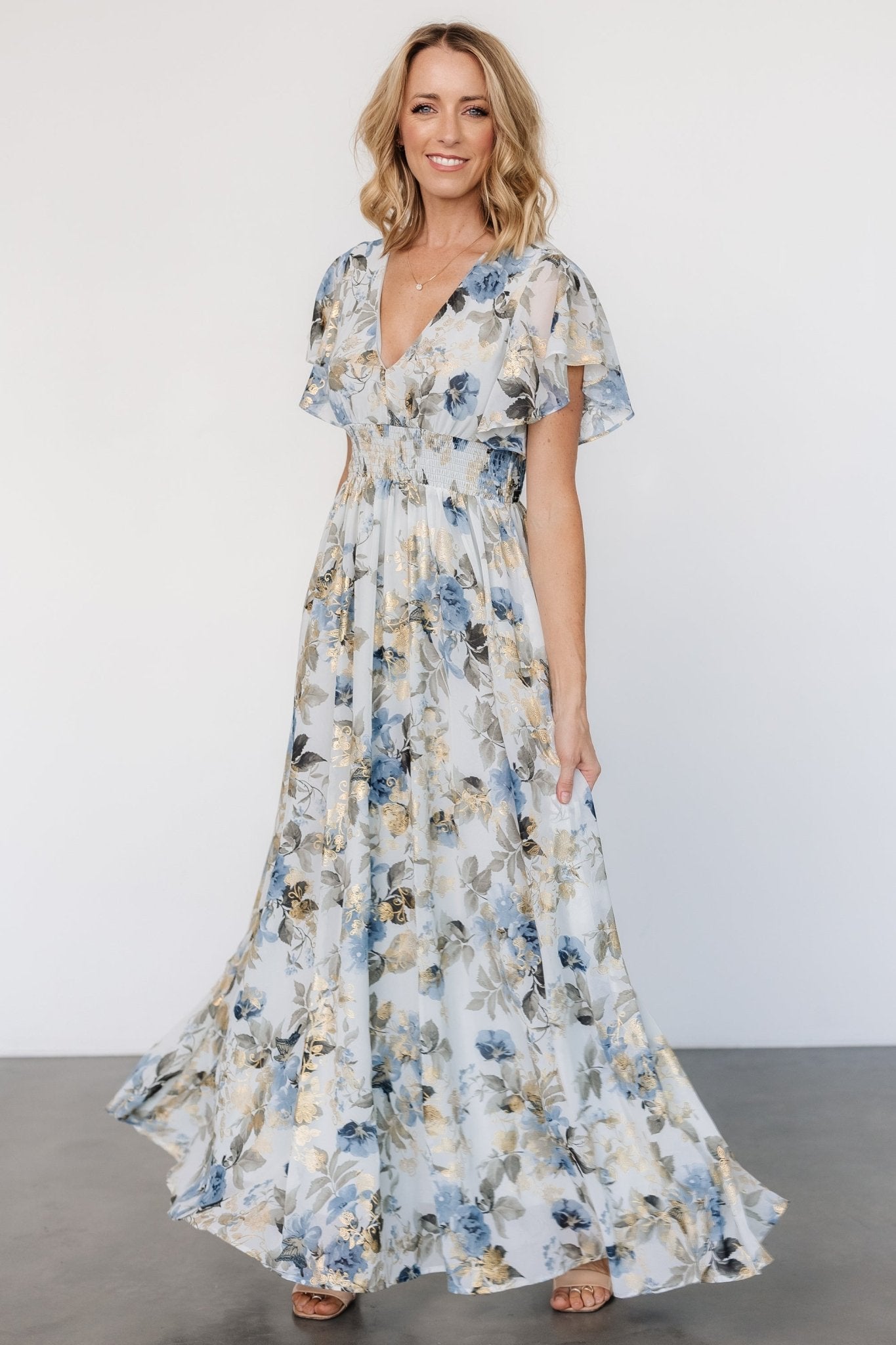 Lynlee Metallic Floral Maxi Dress in Dusty Blue with Smocked Waist