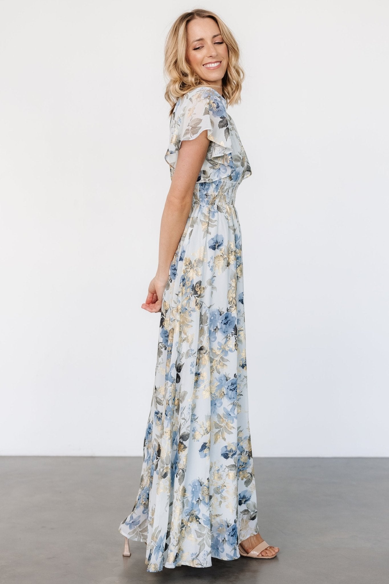 Lynlee Metallic Floral Maxi Dress in Dusty Blue with Smocked Waist