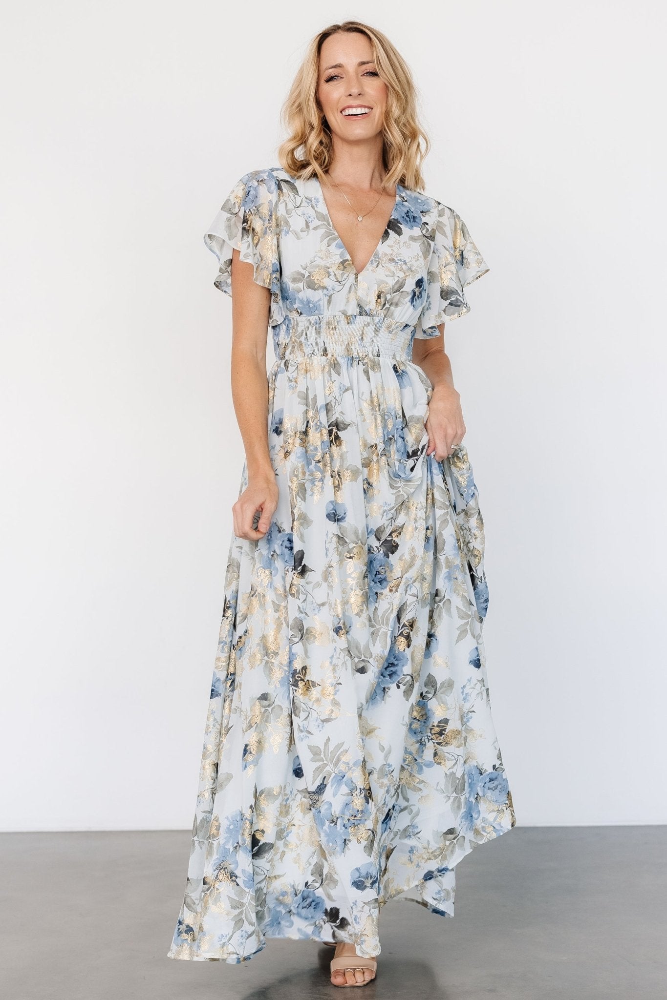 Lynlee Metallic Floral Maxi Dress in Dusty Blue with Smocked Waist