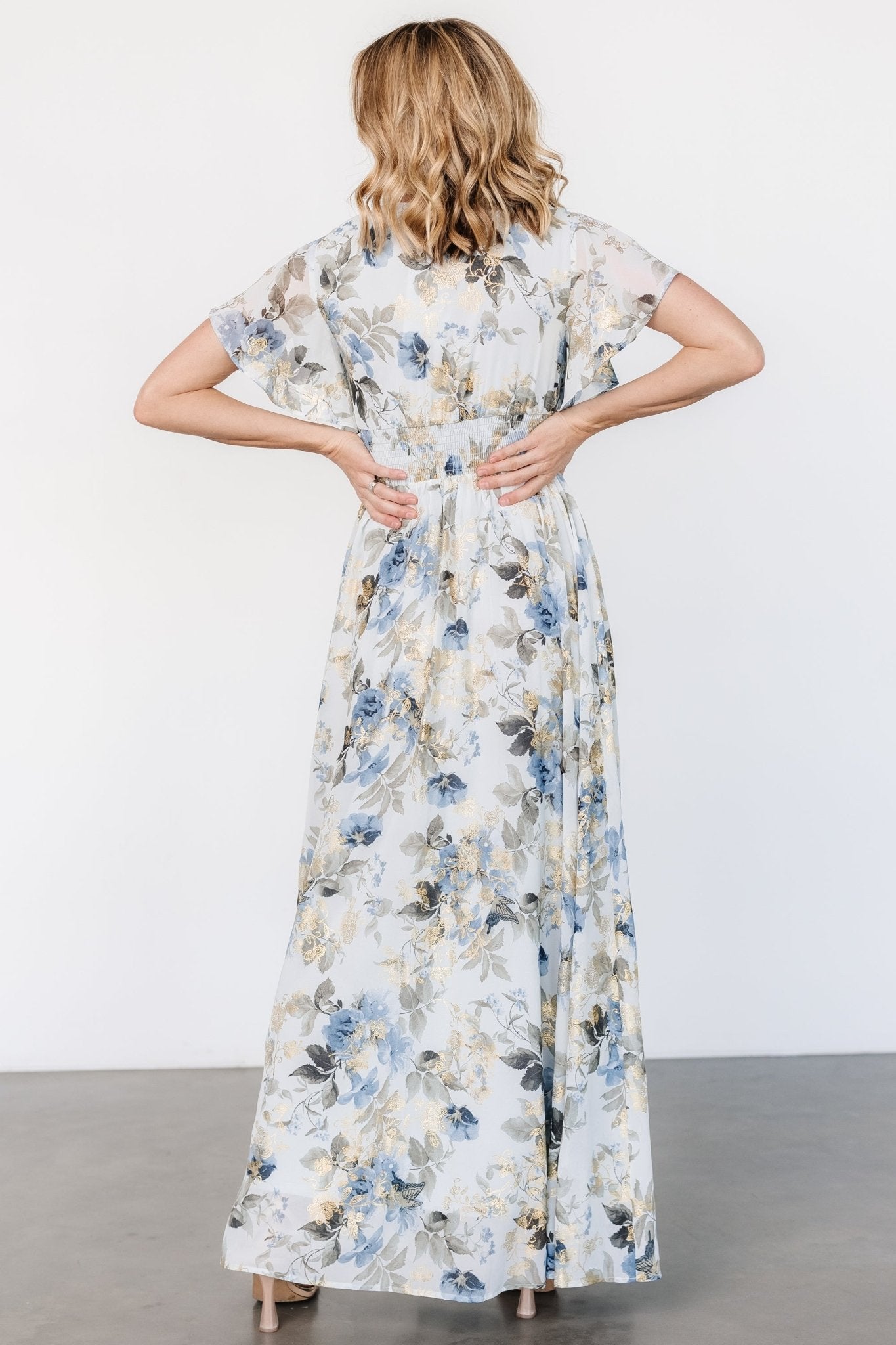 Lynlee Metallic Floral Maxi Dress in Dusty Blue with Smocked Waist