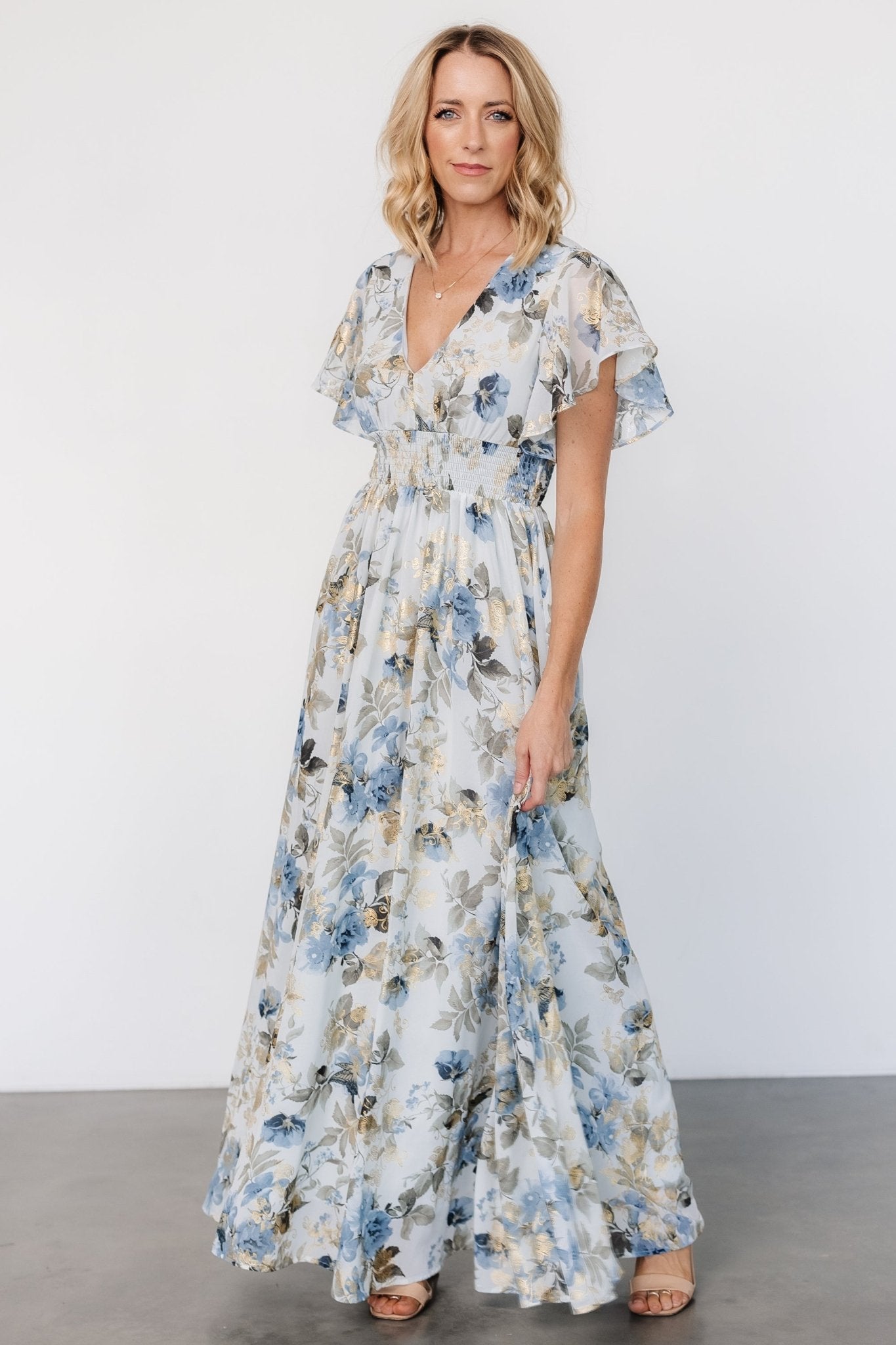 Lynlee Metallic Floral Maxi Dress in Dusty Blue with Smocked Waist
