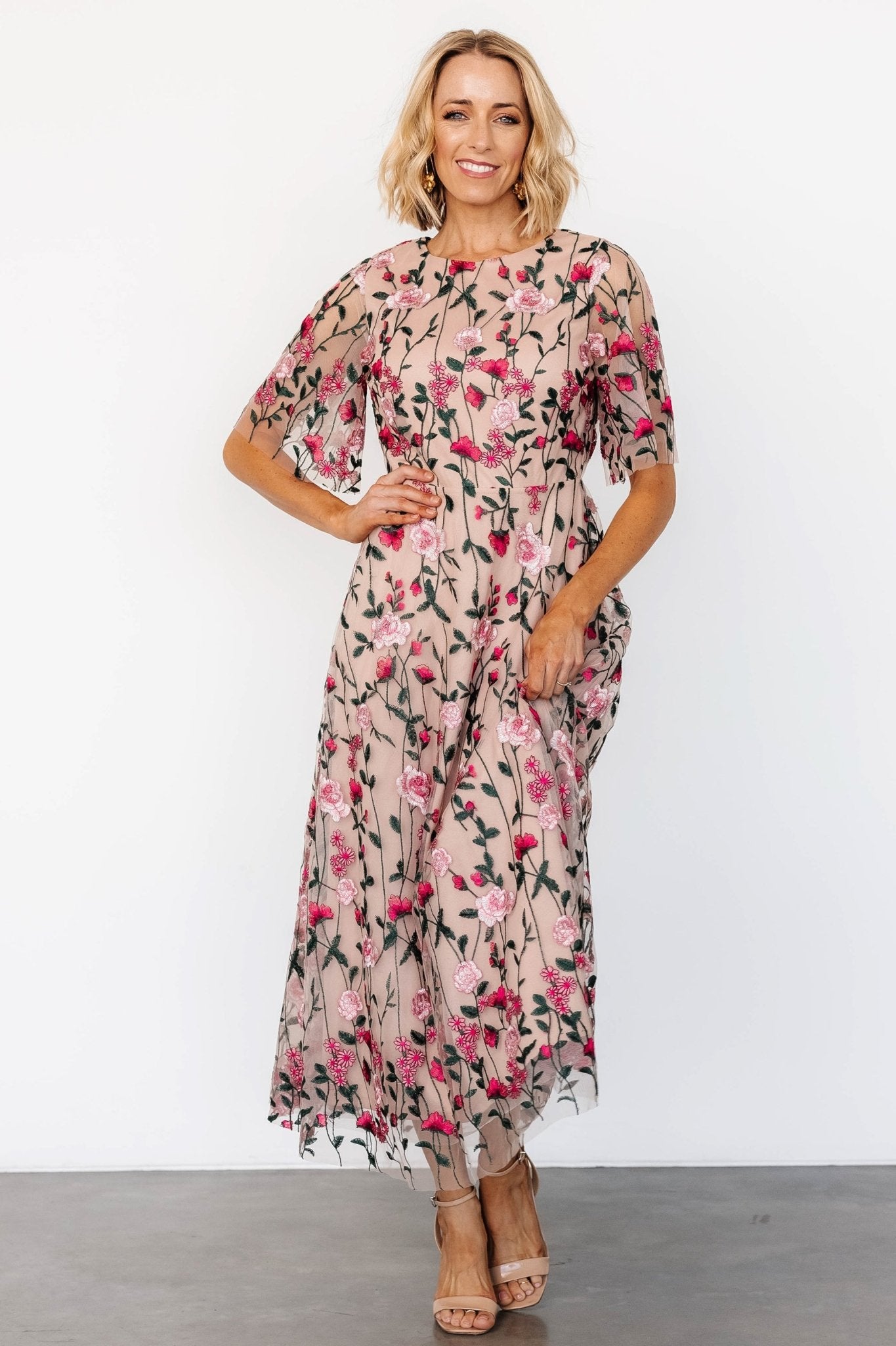 Arabella Floral Embroidered Tulle Maxi Dress in Blush Pink