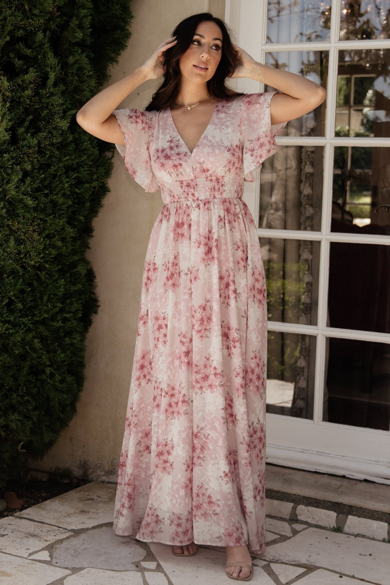 Lynlee Gold Metallic Floral Maxi Dress - Pink Chiffon Maternity