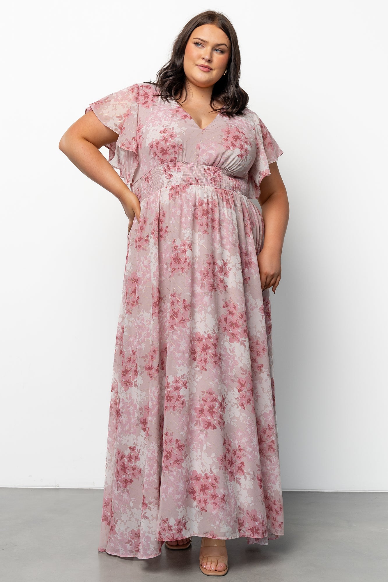 Lynlee Gold Metallic Floral Maxi Dress - Pink Chiffon Maternity