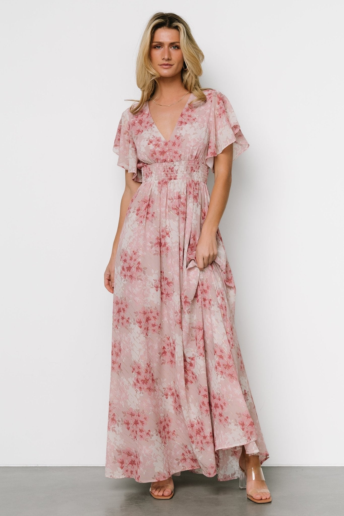 Lynlee Gold Metallic Floral Maxi Dress - Pink Chiffon Maternity