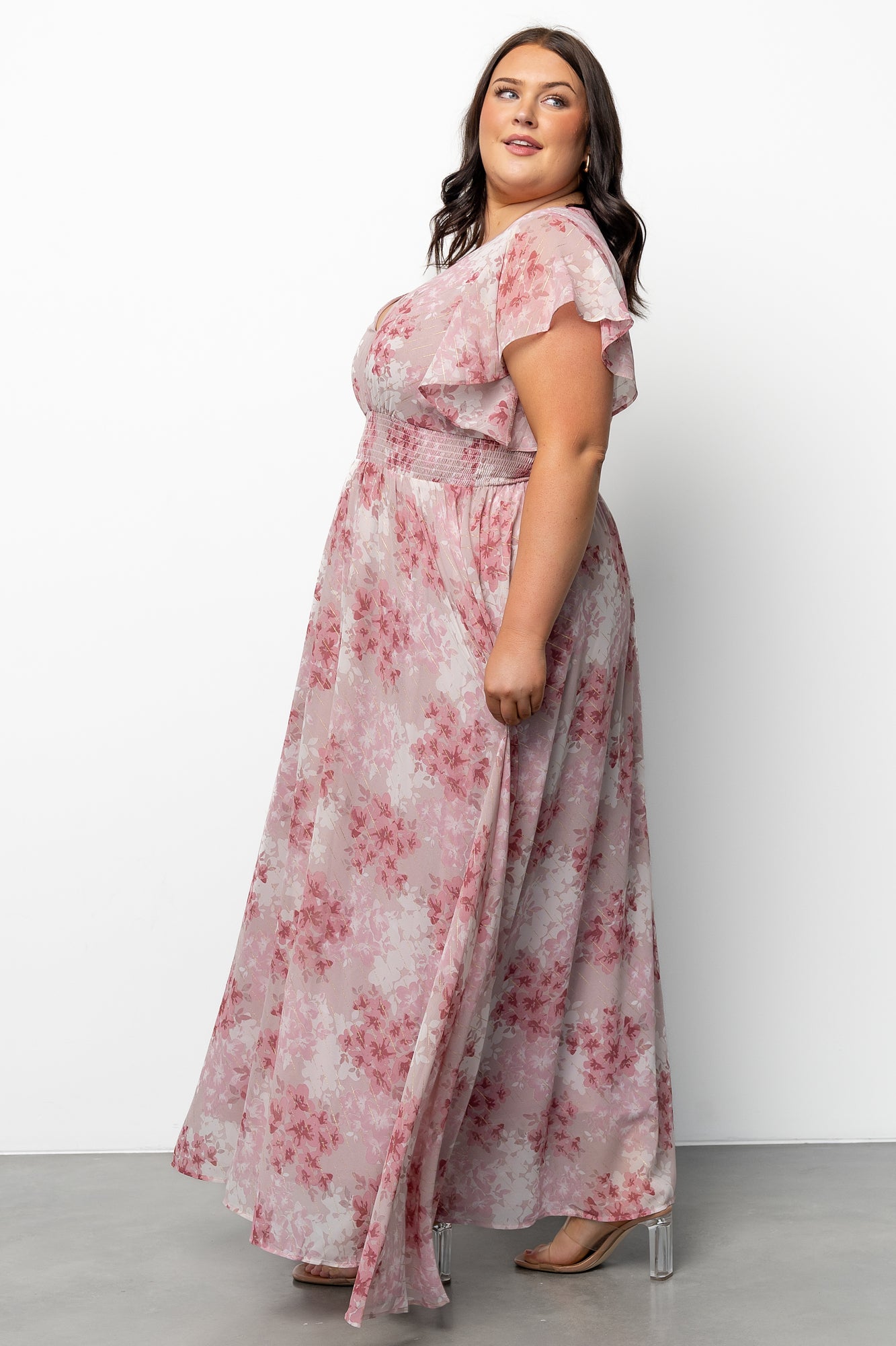 Lynlee Gold Metallic Floral Maxi Dress - Pink Chiffon Maternity