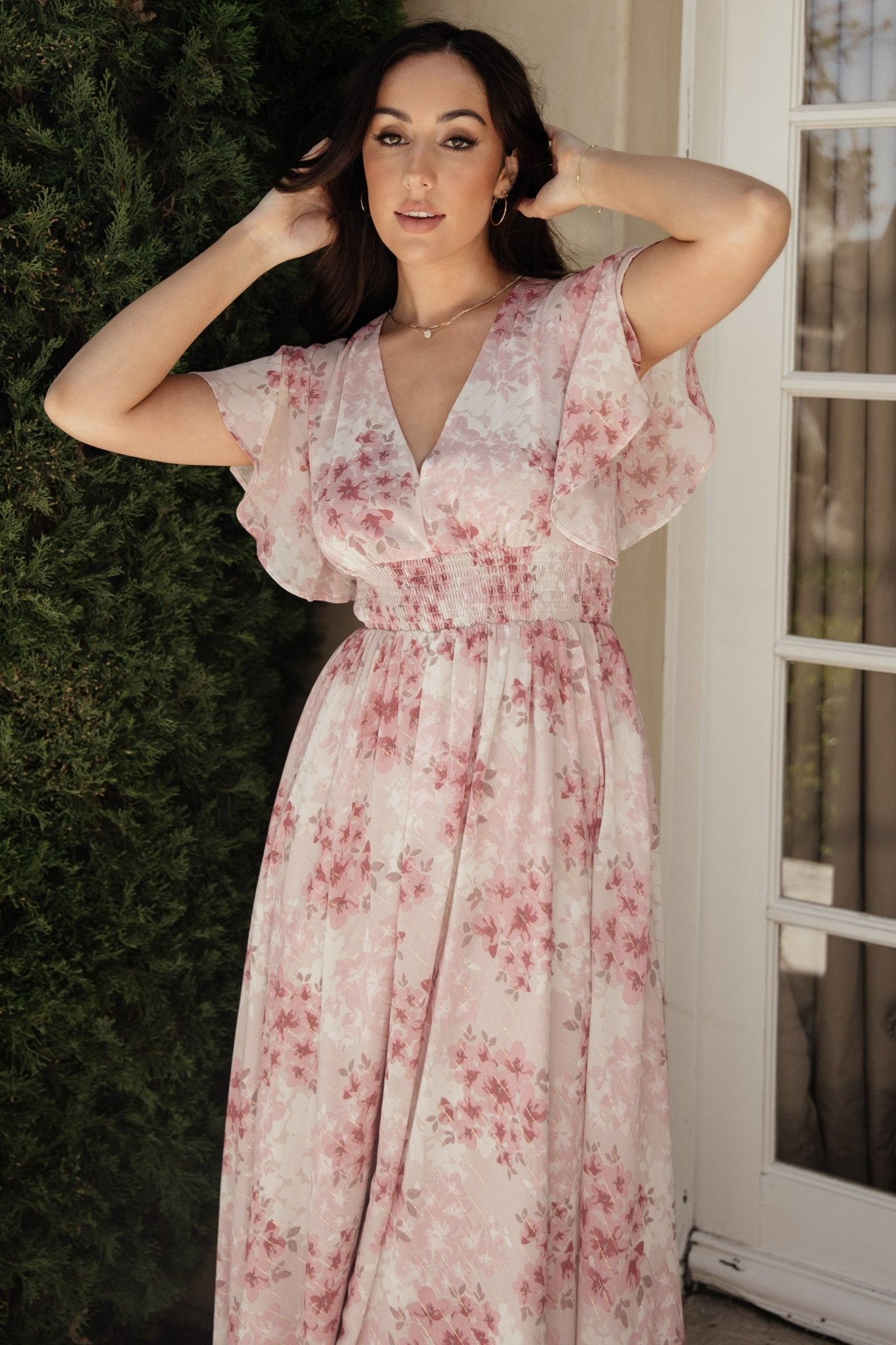Lynlee Gold Metallic Floral Maxi Dress - Pink Chiffon Maternity