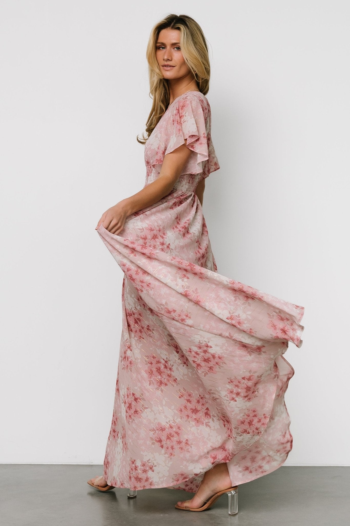 Lynlee Gold Metallic Floral Maxi Dress - Pink Chiffon Maternity