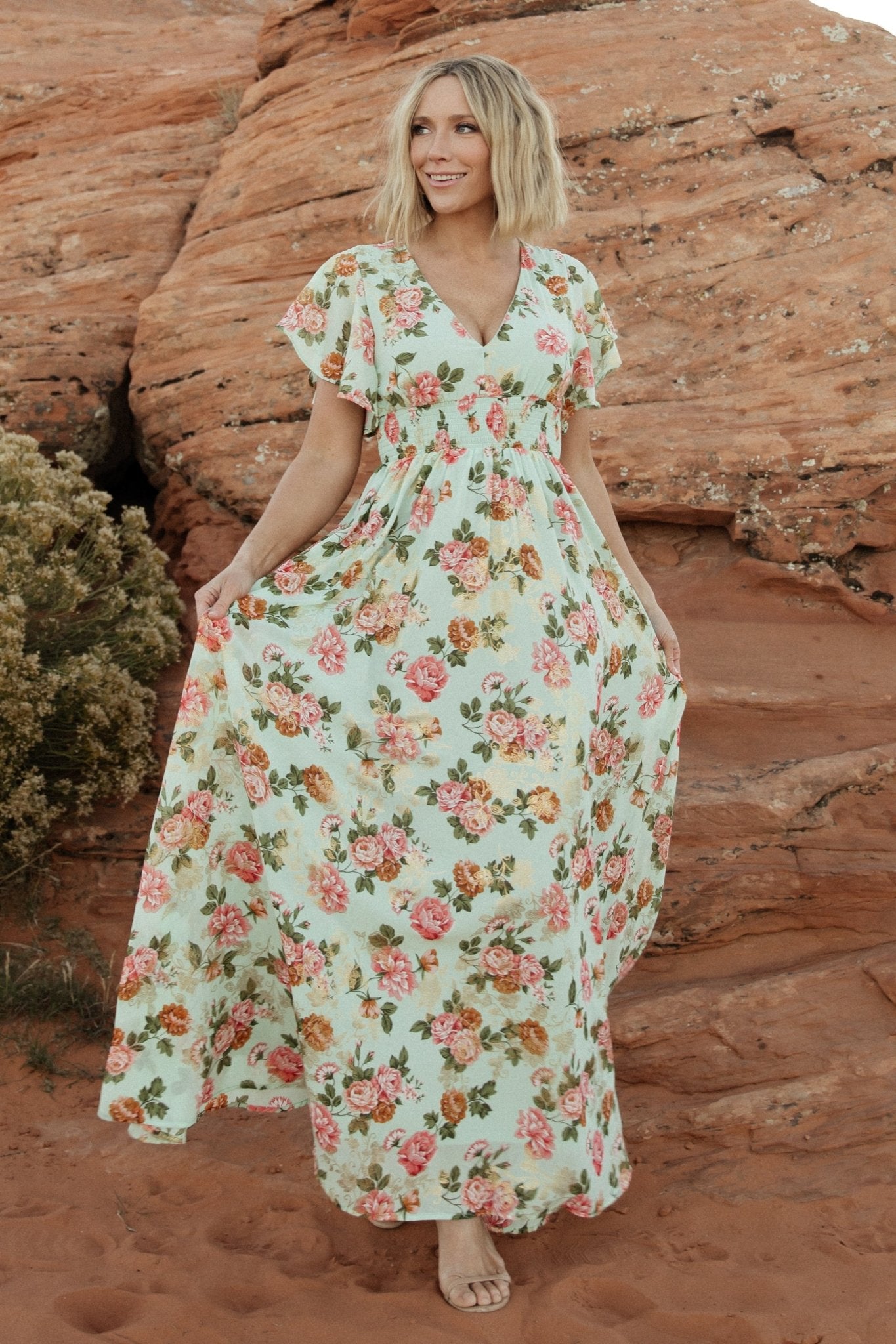 Baltic Born Lynlee Metallic Maxi Dress in Sage & Pink