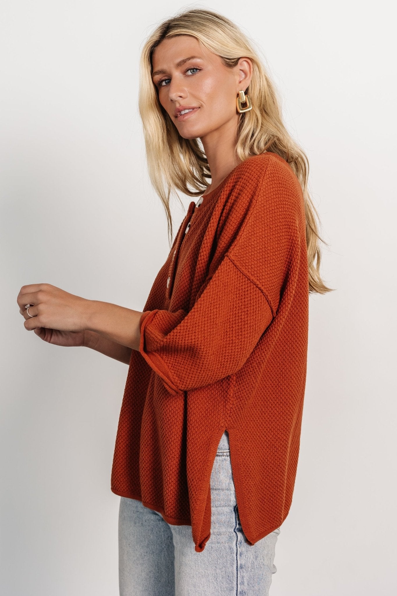 Maddock Rust Henley Knit Sweater Top | Cotton Blend Basketweave