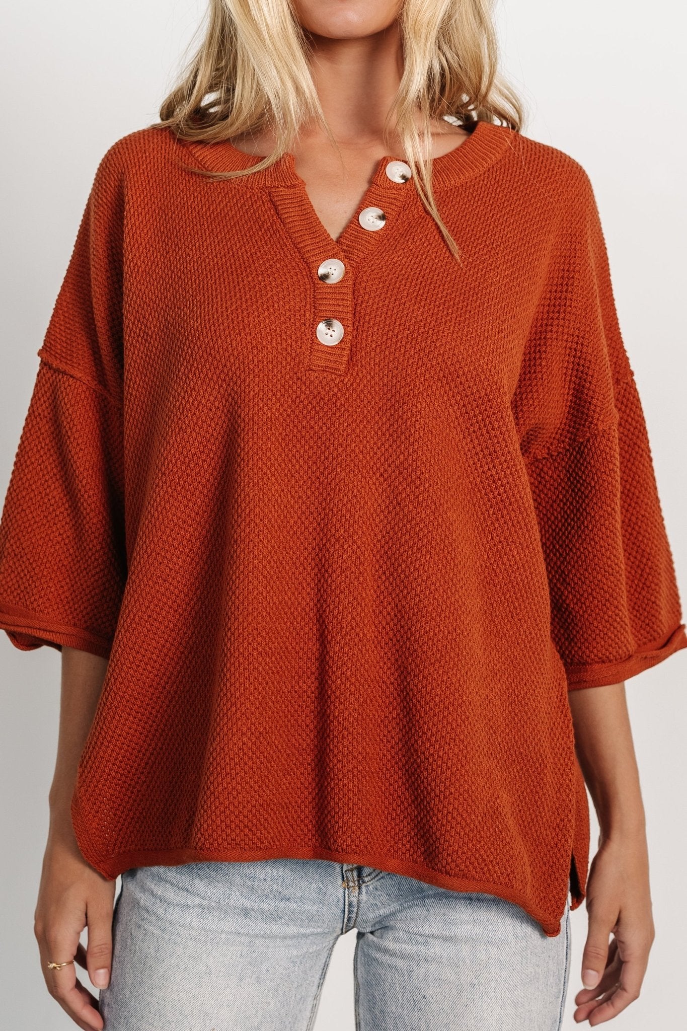 Maddock Rust Henley Knit Sweater Top | Cotton Blend Basketweave