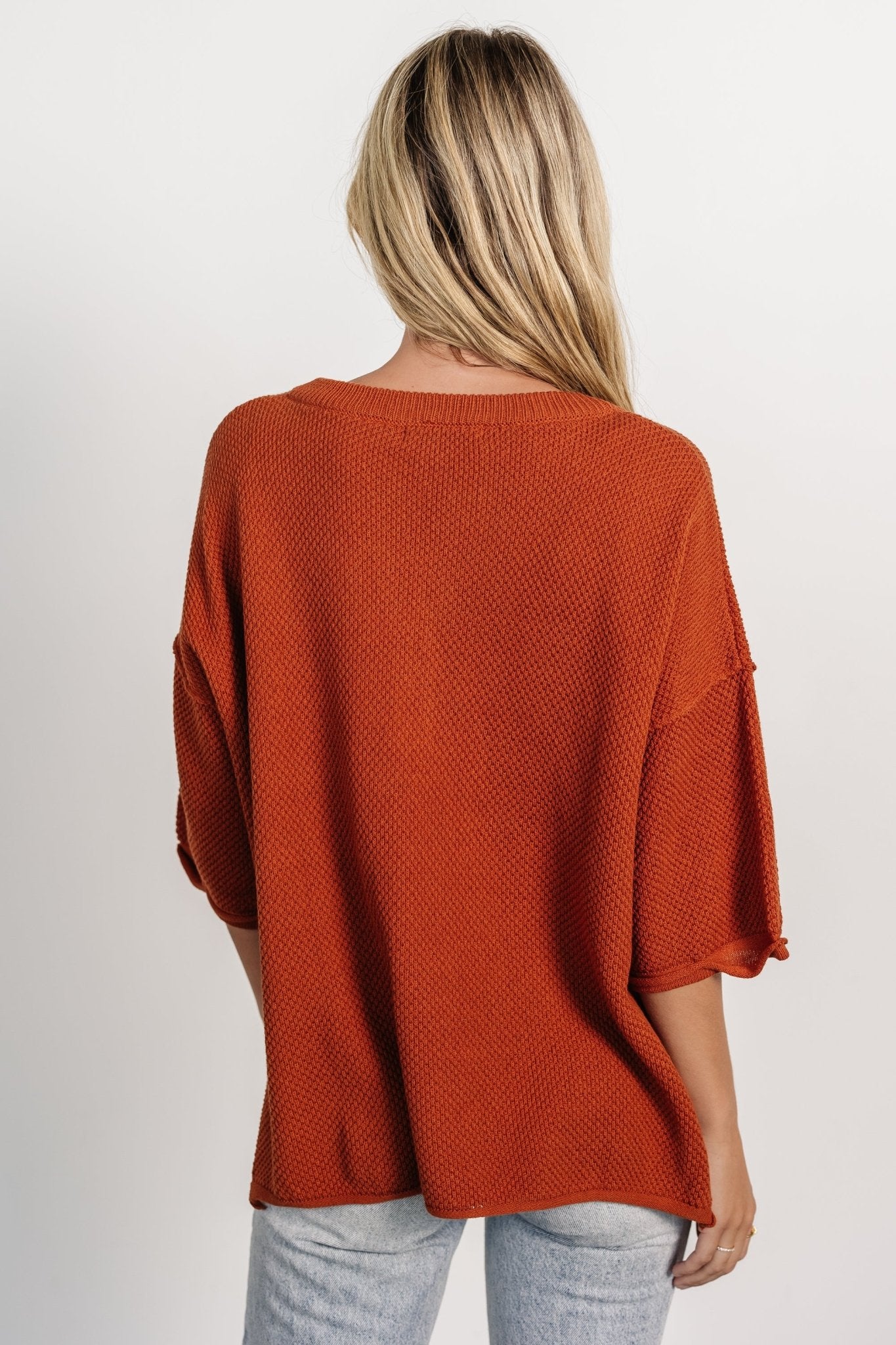 Maddock Rust Henley Knit Sweater Top | Cotton Blend Basketweave