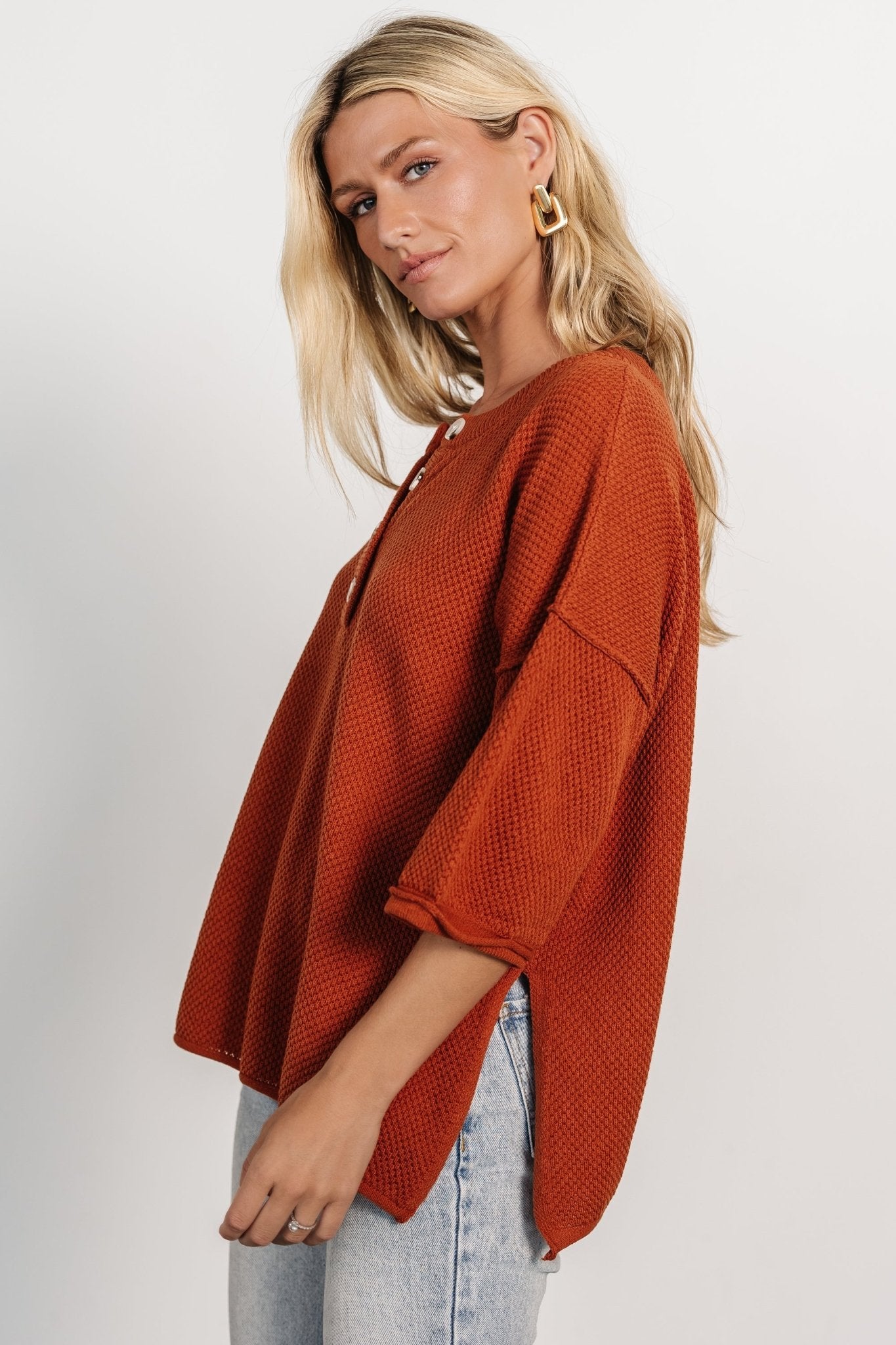 Maddock Rust Henley Knit Sweater Top | Cotton Blend Basketweave