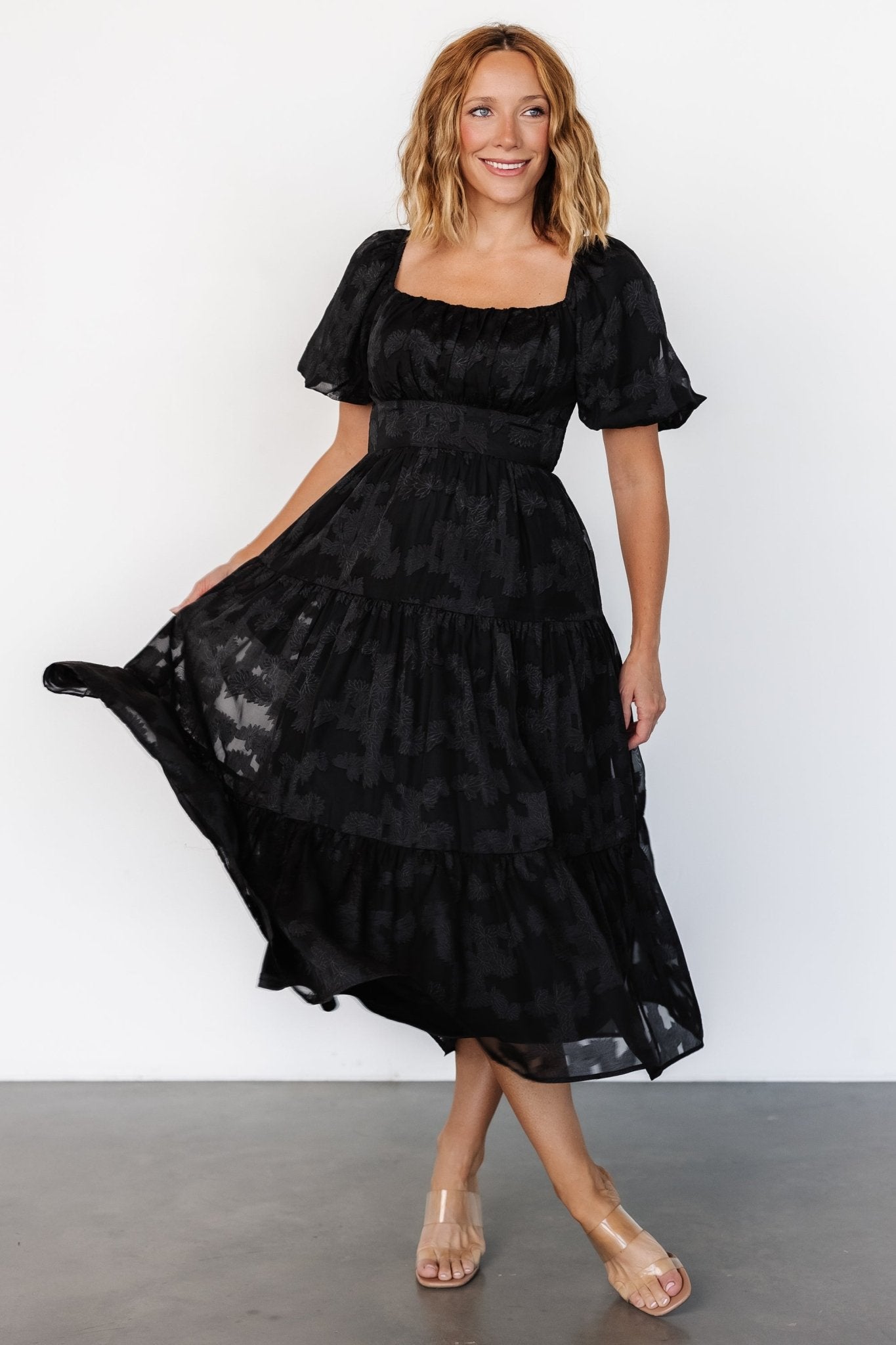 Black Floral Jacquard Midi Dress with Pockets – Baltic Born
