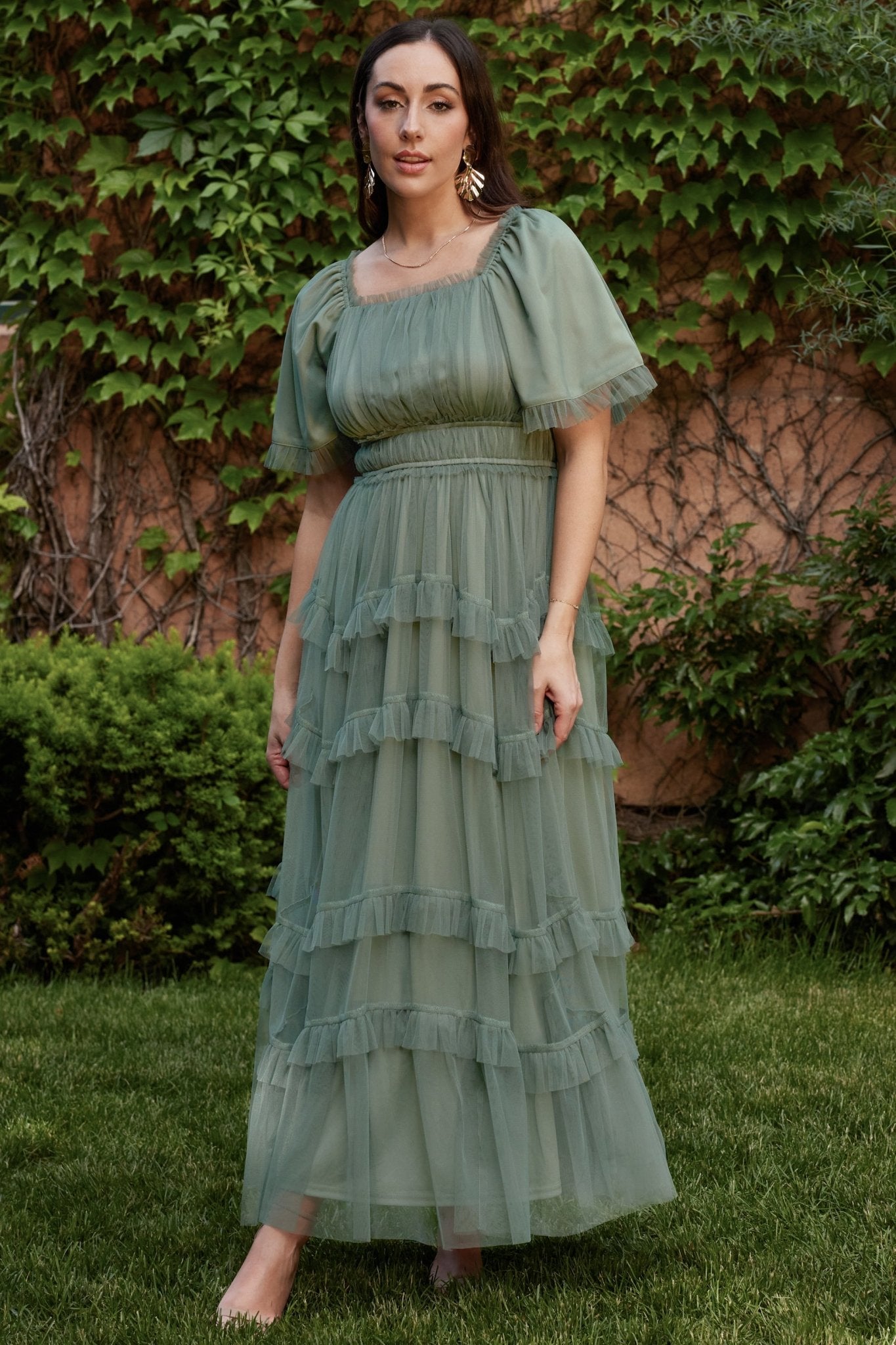 Baltic Born Eucalyptus Green Tulle Maxi Dress with Ruffles
