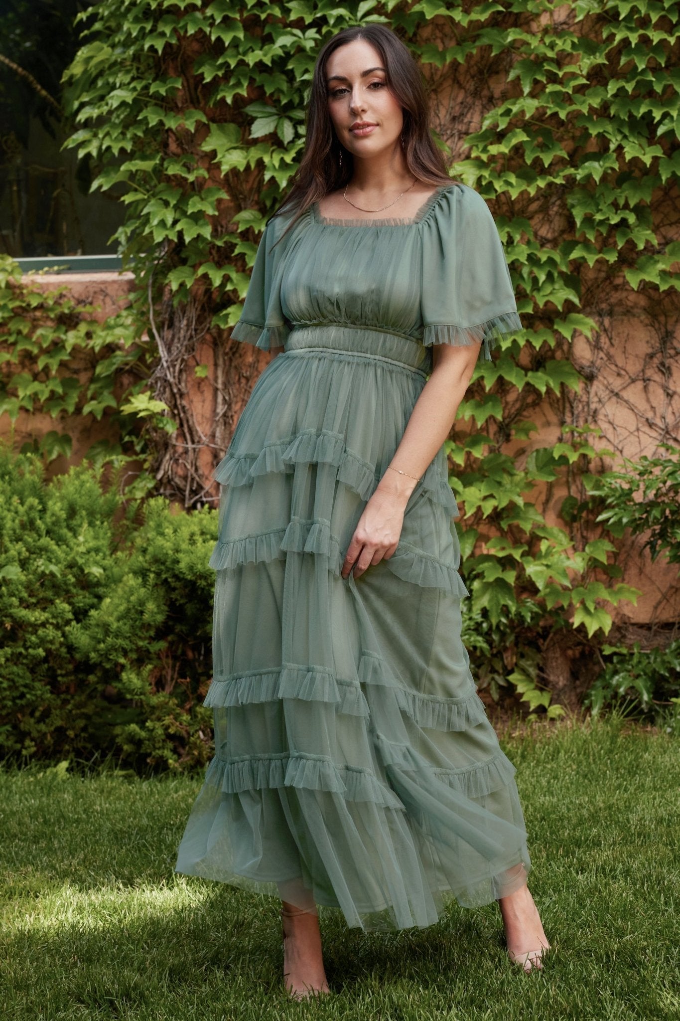 Baltic Born Eucalyptus Green Tulle Maxi Dress with Ruffles