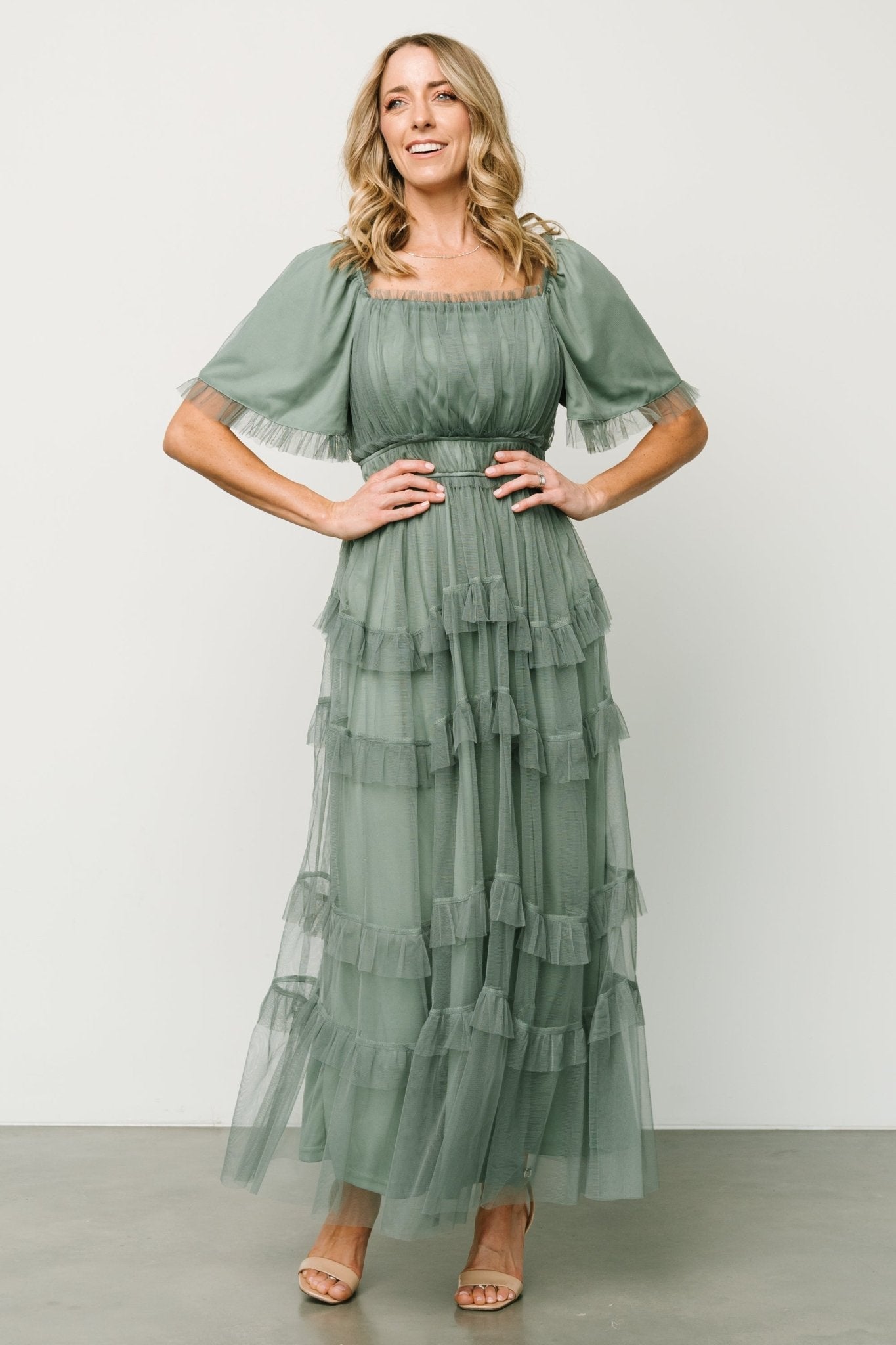 Baltic Born Eucalyptus Green Tulle Maxi Dress with Ruffles