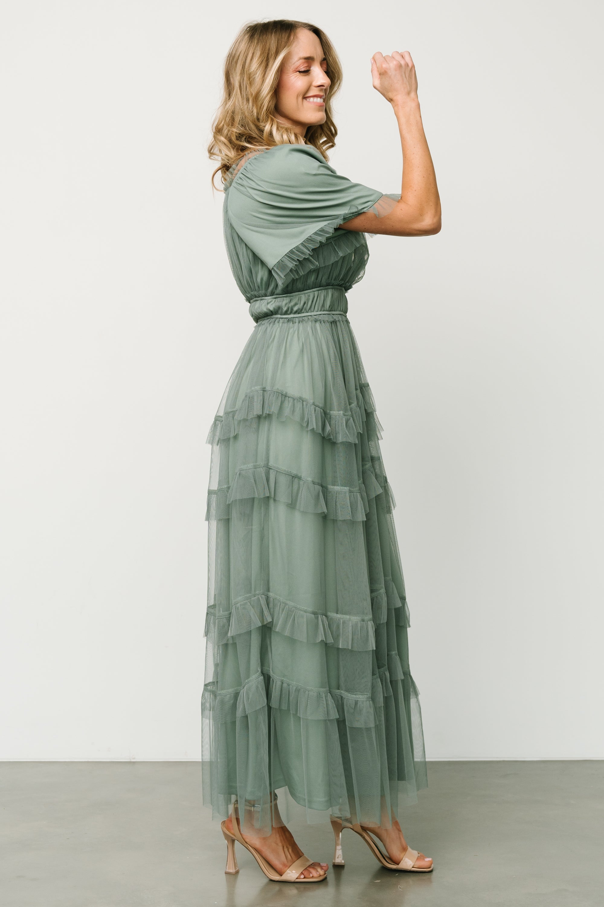 Baltic Born Eucalyptus Green Tulle Maxi Dress with Ruffles