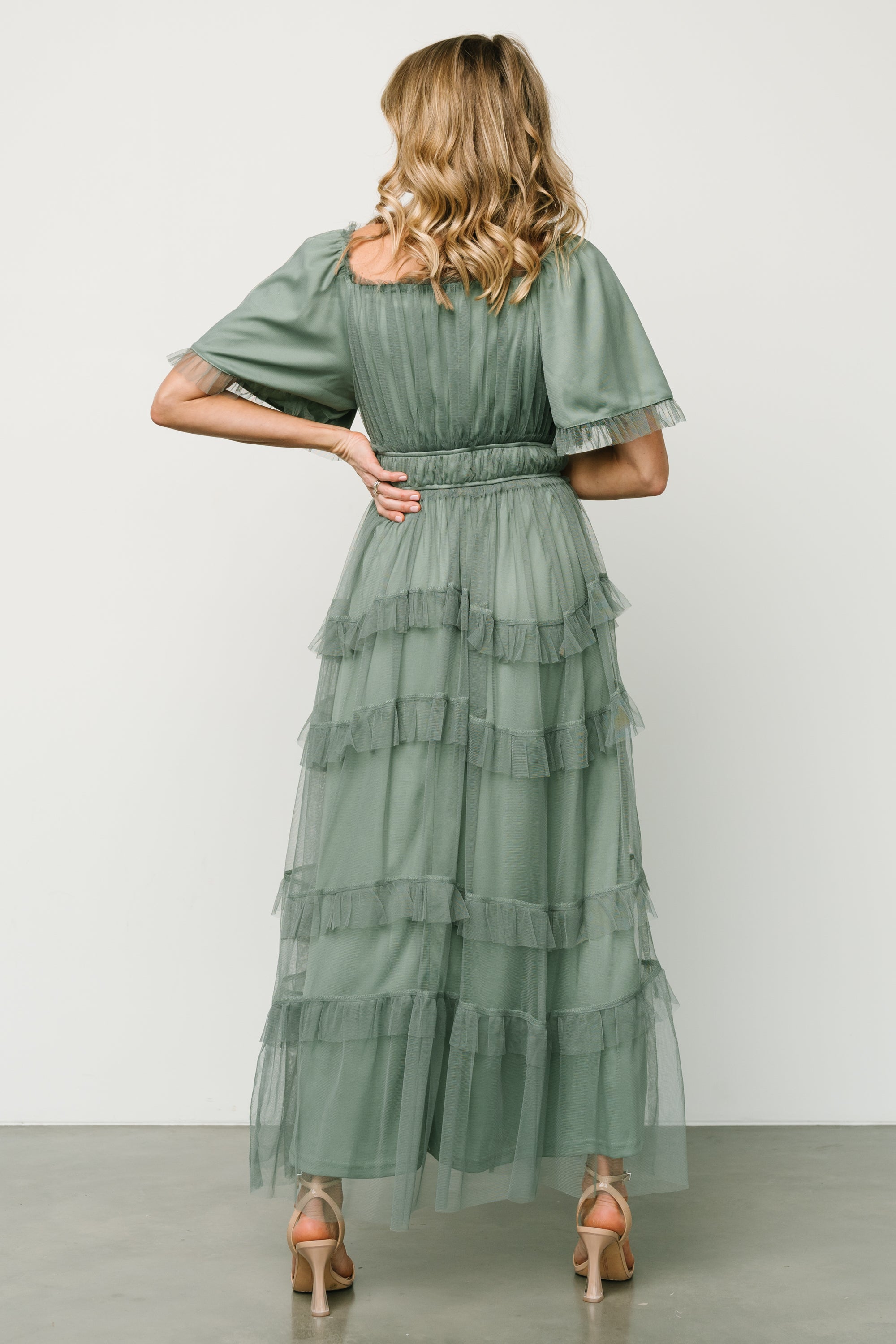 Baltic Born Eucalyptus Green Tulle Maxi Dress with Ruffles