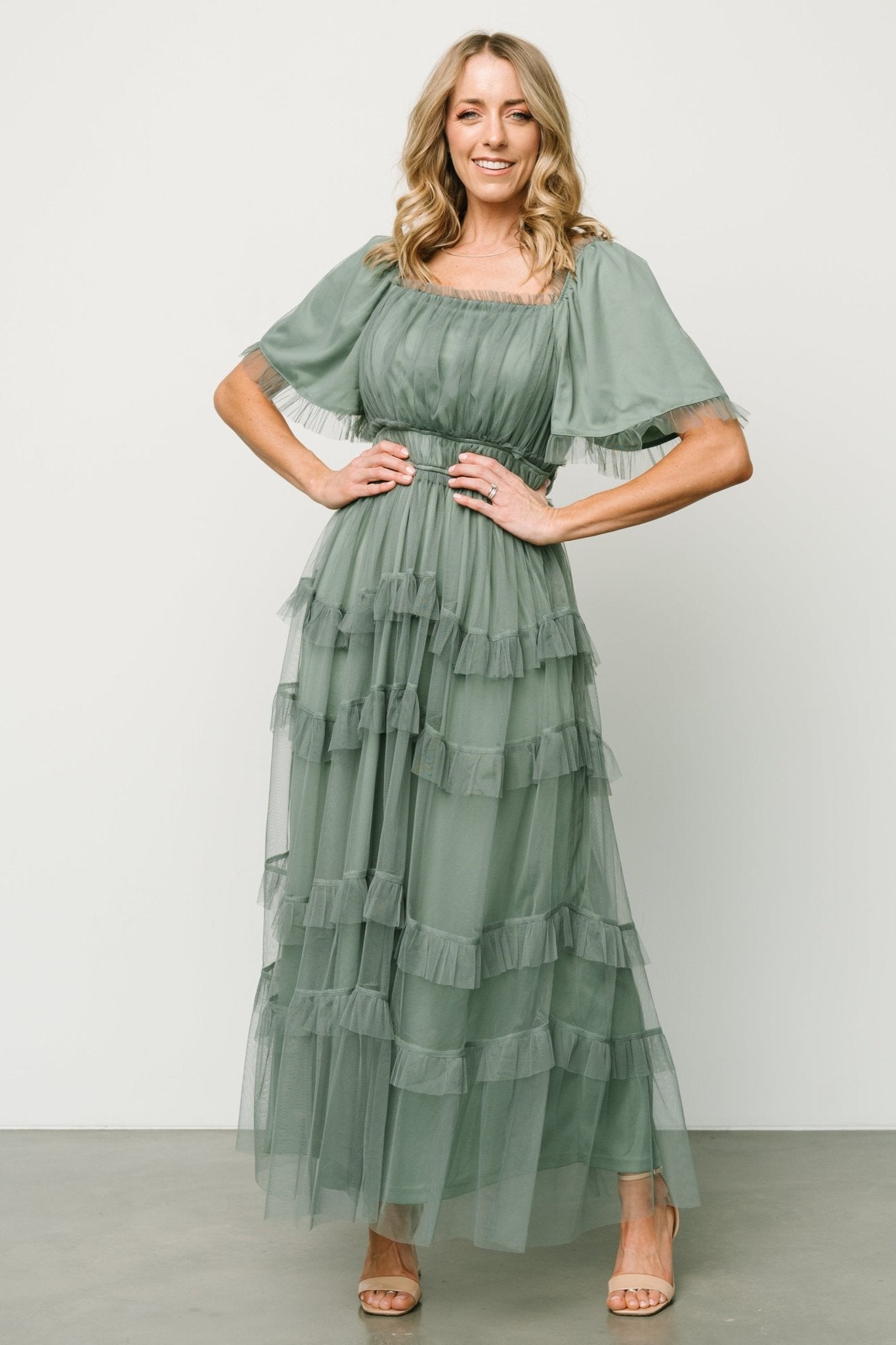 Baltic Born Eucalyptus Green Tulle Maxi Dress with Ruffles