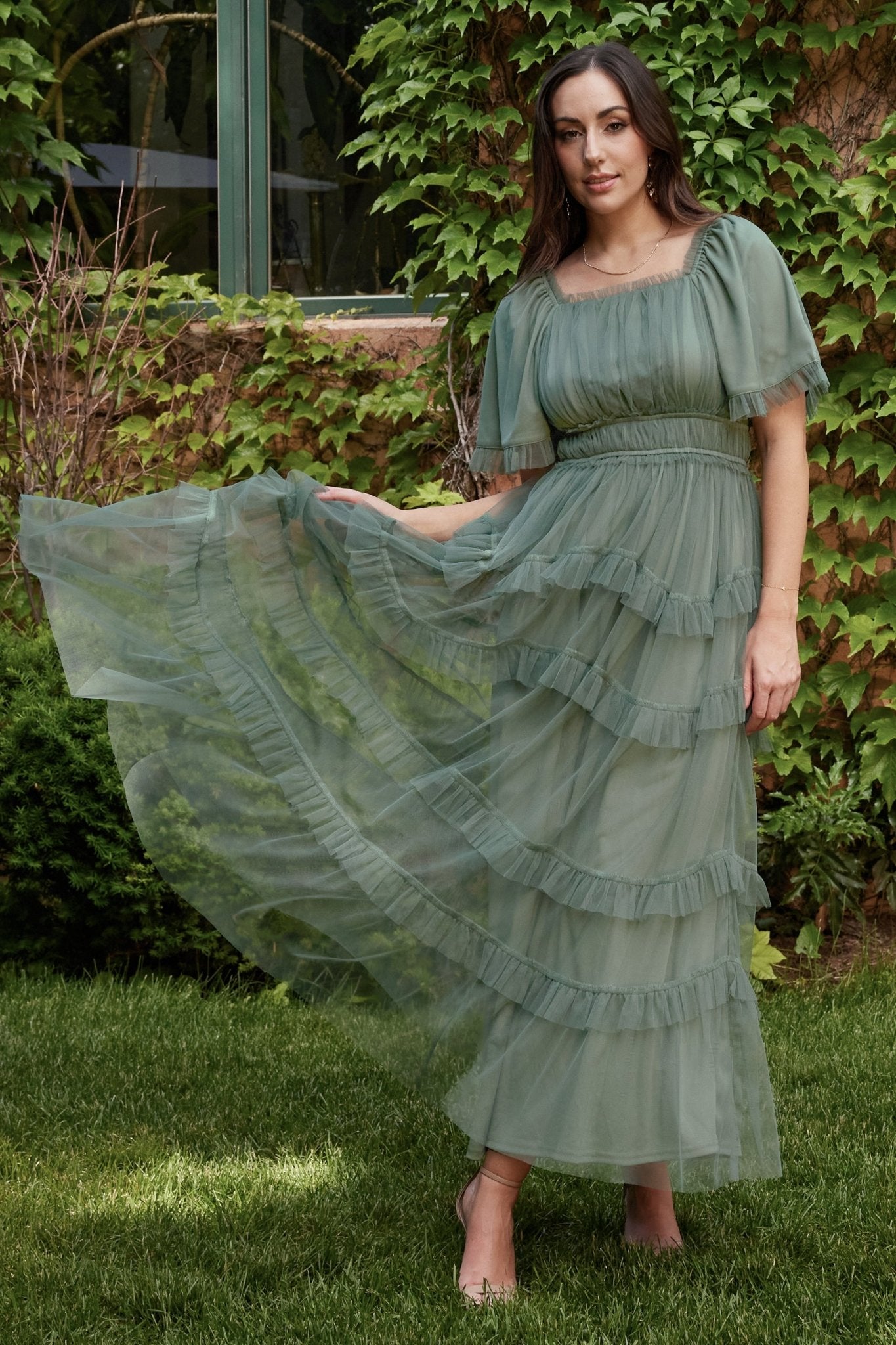 Baltic Born Eucalyptus Green Tulle Maxi Dress with Ruffles