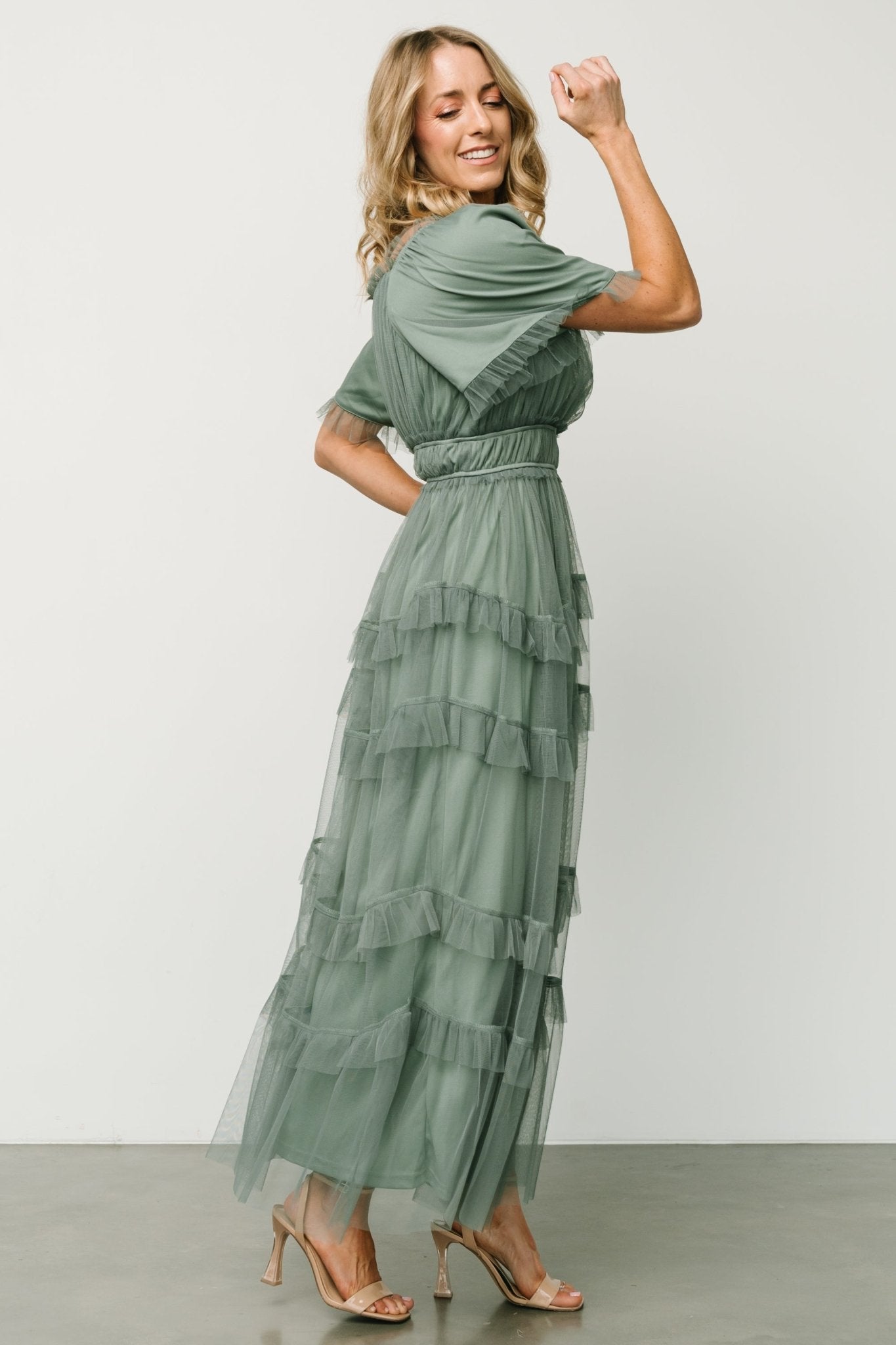 Baltic Born Eucalyptus Green Tulle Maxi Dress with Ruffles
