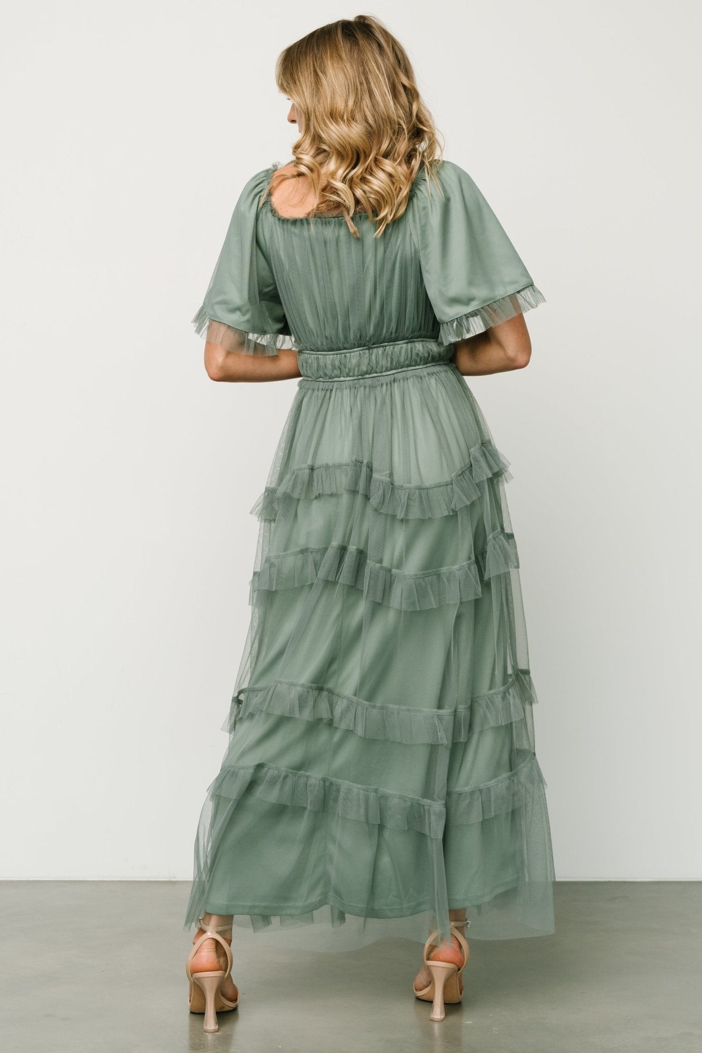 Baltic Born Eucalyptus Green Tulle Maxi Dress with Ruffles