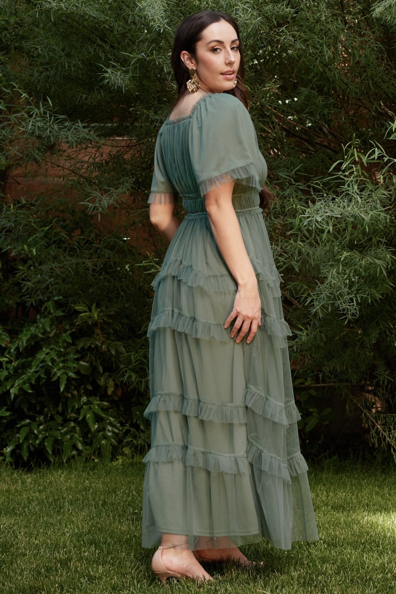 Baltic Born Eucalyptus Green Tulle Maxi Dress with Ruffles