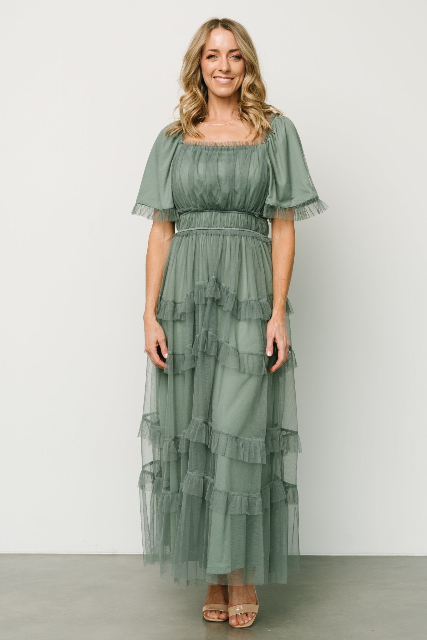 Baltic Born Eucalyptus Green Tulle Maxi Dress with Ruffles
