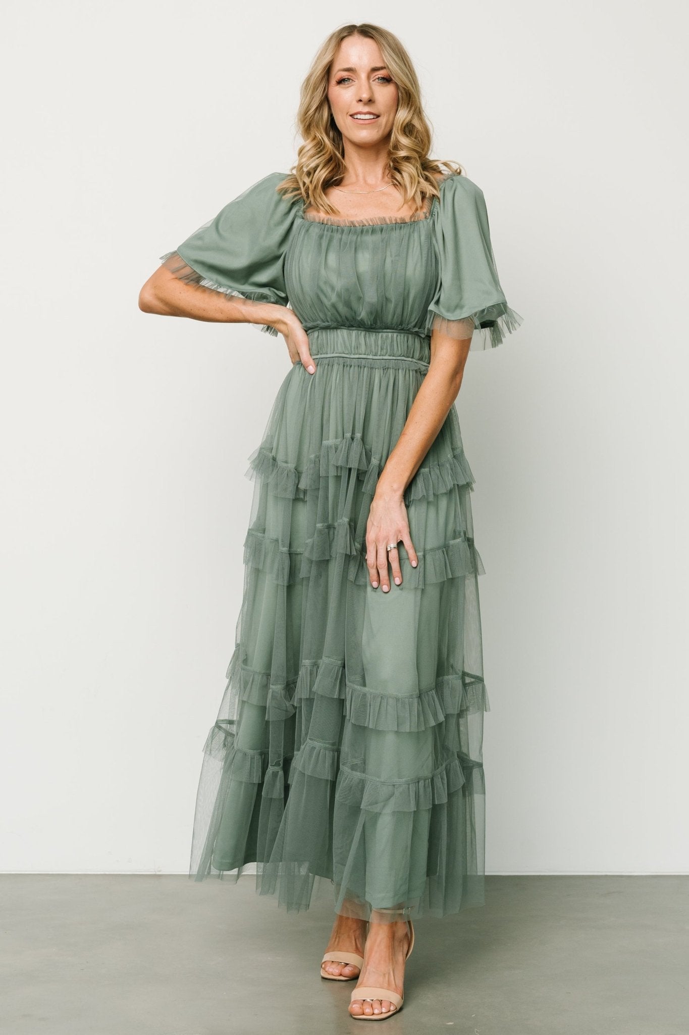 Baltic Born Eucalyptus Green Tulle Maxi Dress with Ruffles