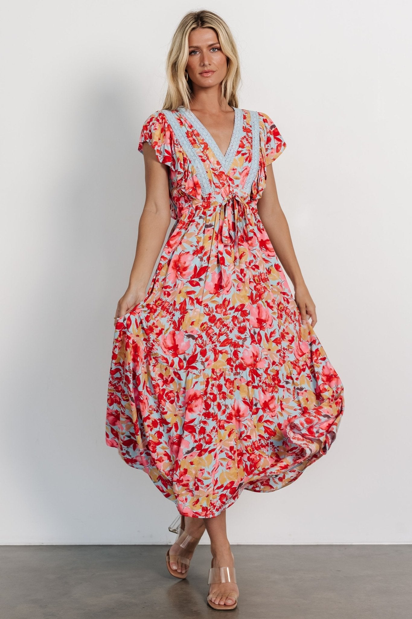 Baltic Born Blue Coral Floral Maxi Dress with Lace V-Neck