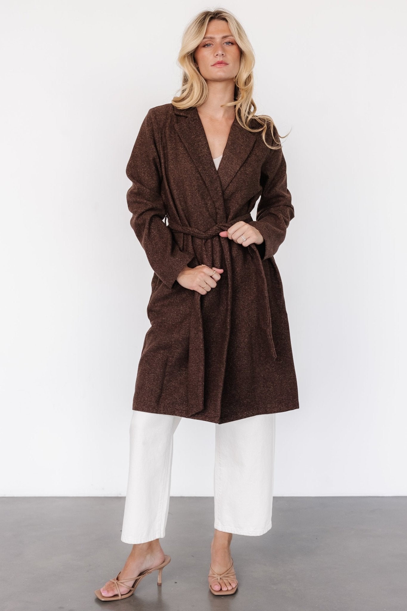 Dark Brown Tweed Jacket for Women with Removable Waist Sash