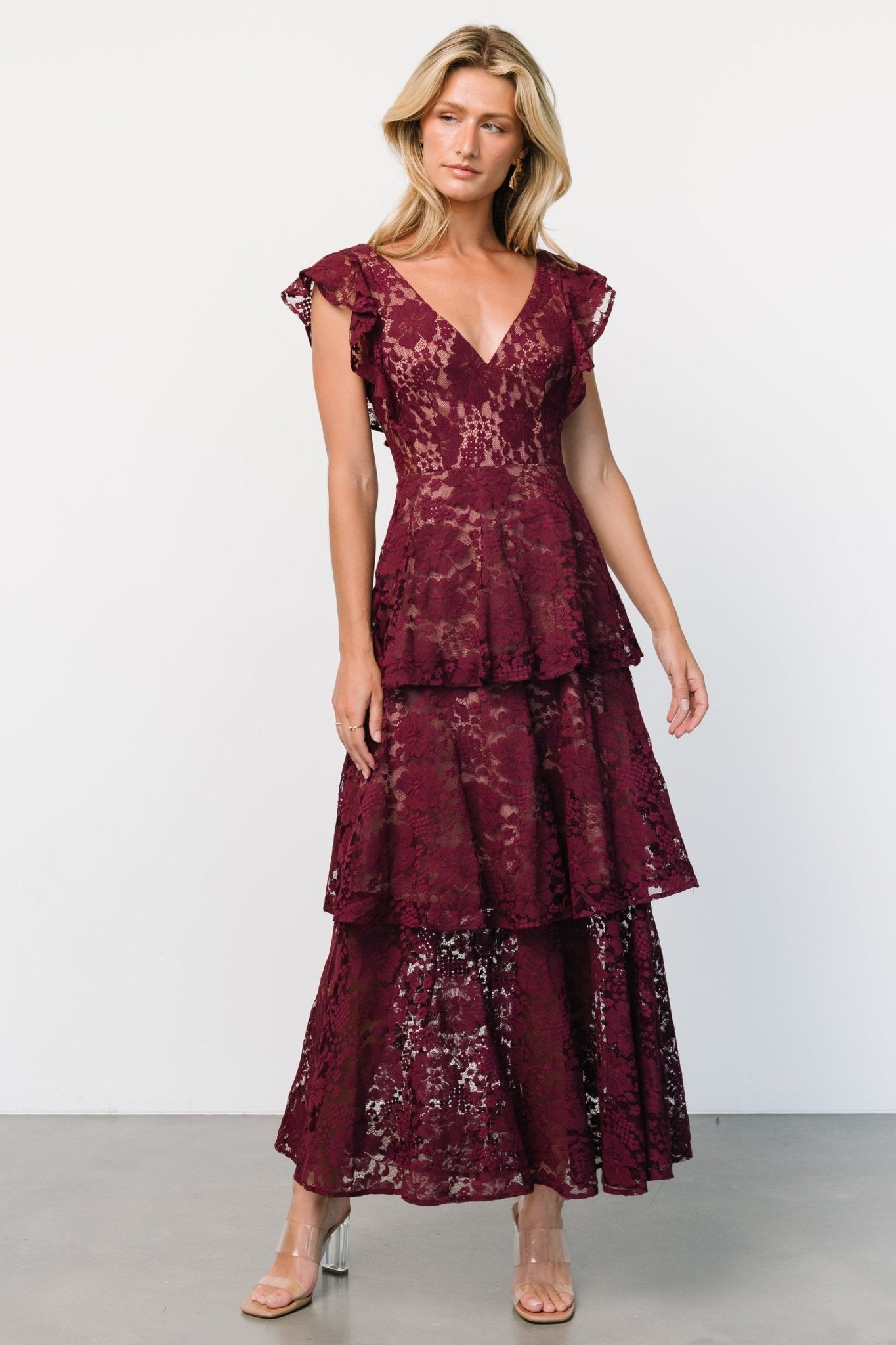 Burgundy Lace Maxi Dress with V-Neck & Tiered Skirt