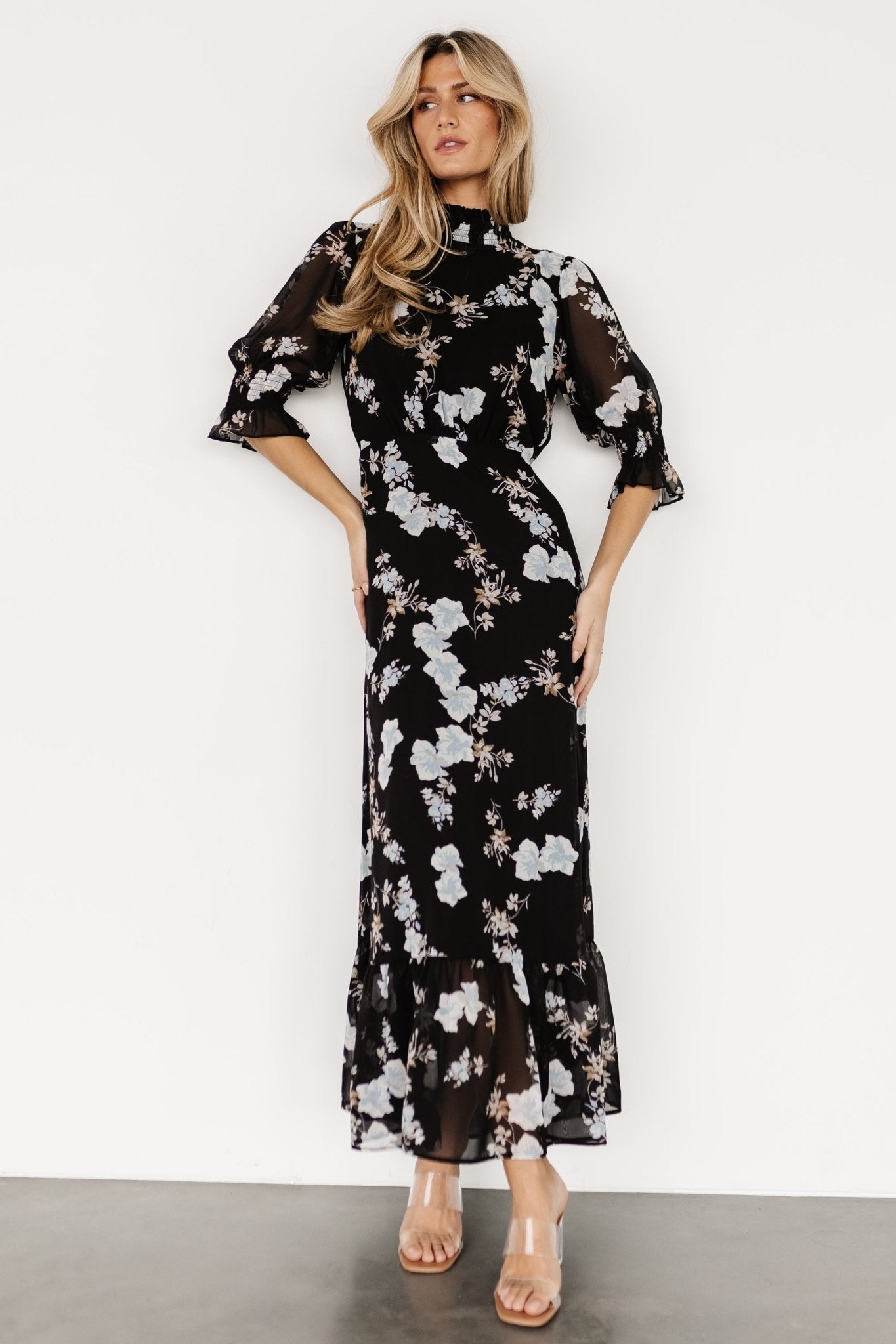 Baltic Born Marie Mock Neck Black Floral Maxi Dress