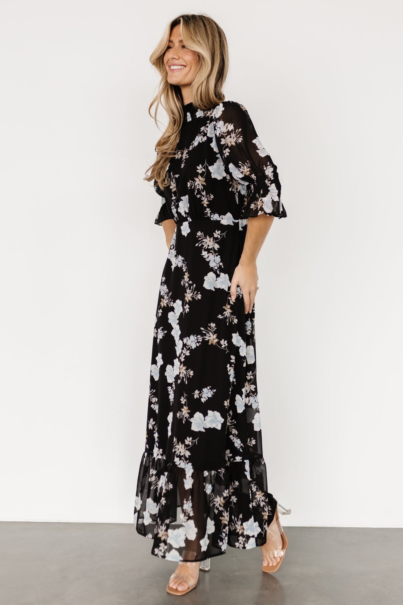 Baltic Born Marie Mock Neck Black Floral Maxi Dress