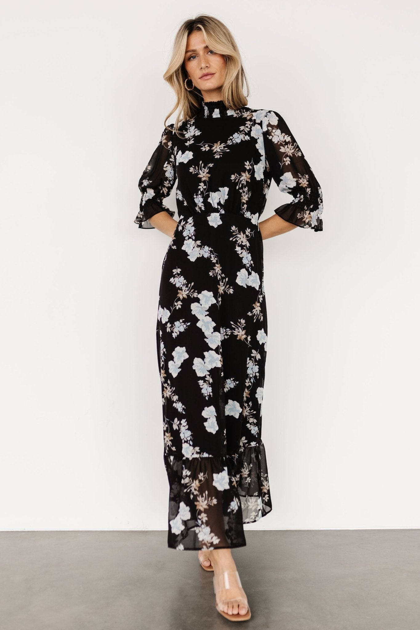 Baltic Born Marie Mock Neck Black Floral Maxi Dress