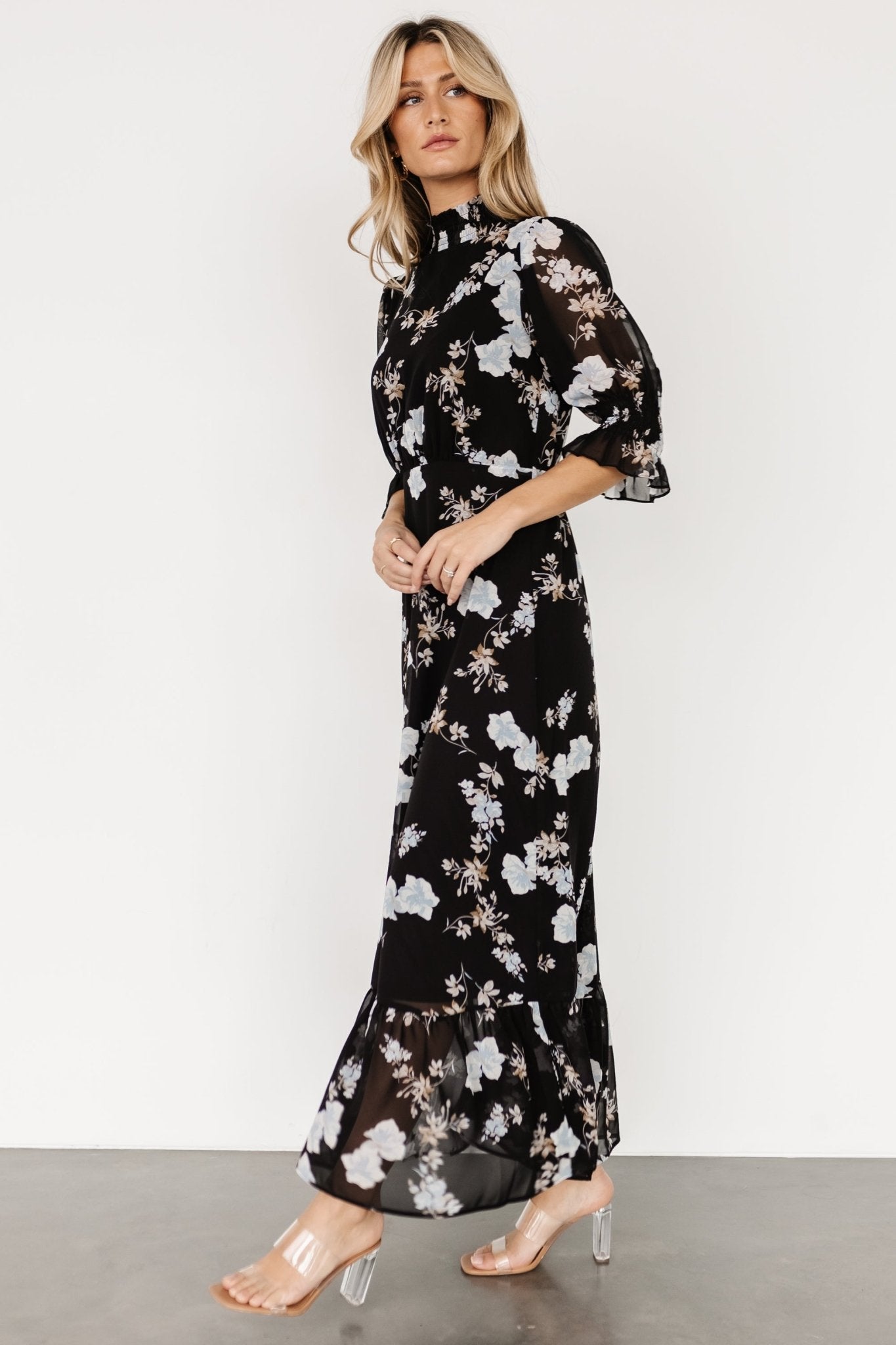 Baltic Born Marie Mock Neck Black Floral Maxi Dress