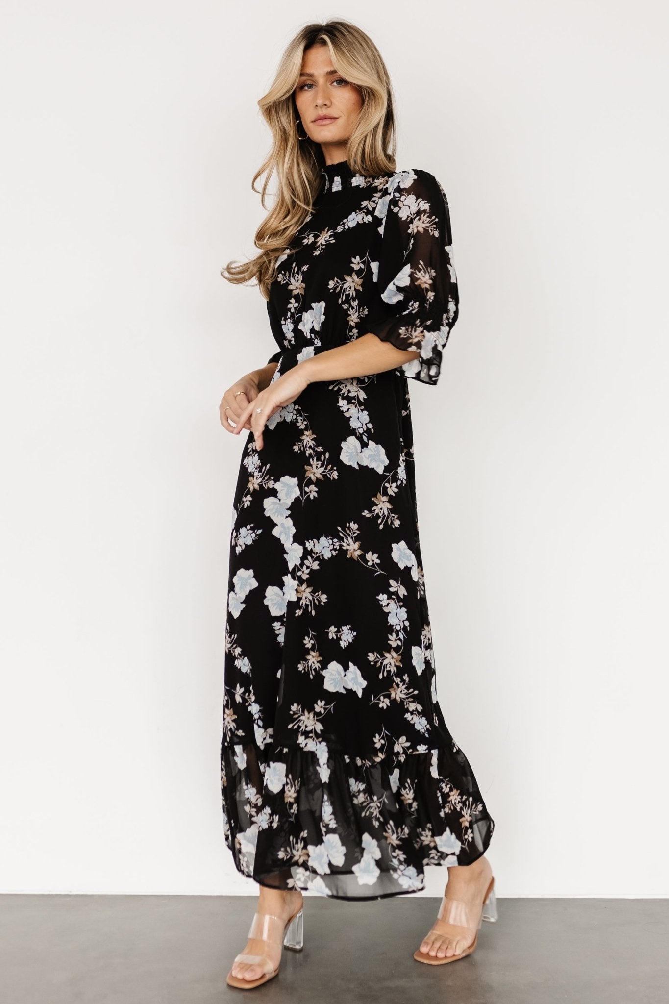 Baltic Born Marie Mock Neck Black Floral Maxi Dress