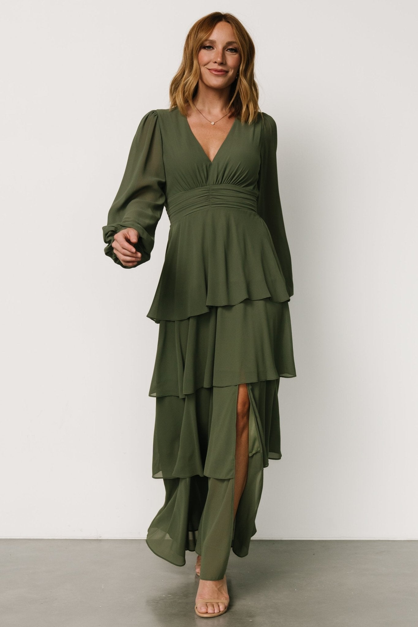 Dark Sage Mariella Tiered Maxi Dress with V-Neck & Ruffles